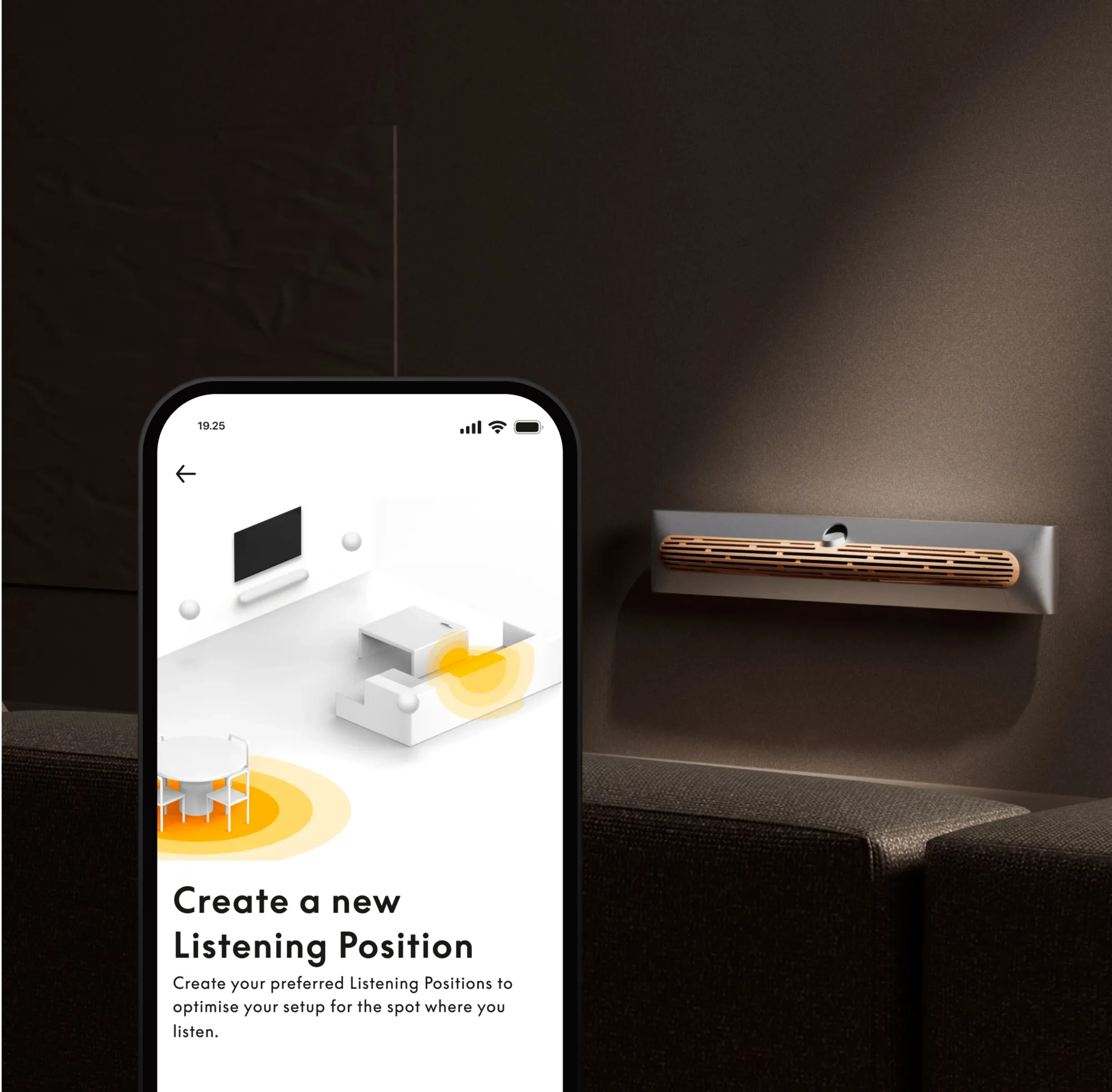 Capture d’écran du téléphone montrant la configuration de la position d’écoute de la barre de son Beosound Premiere dans l’appli B&O