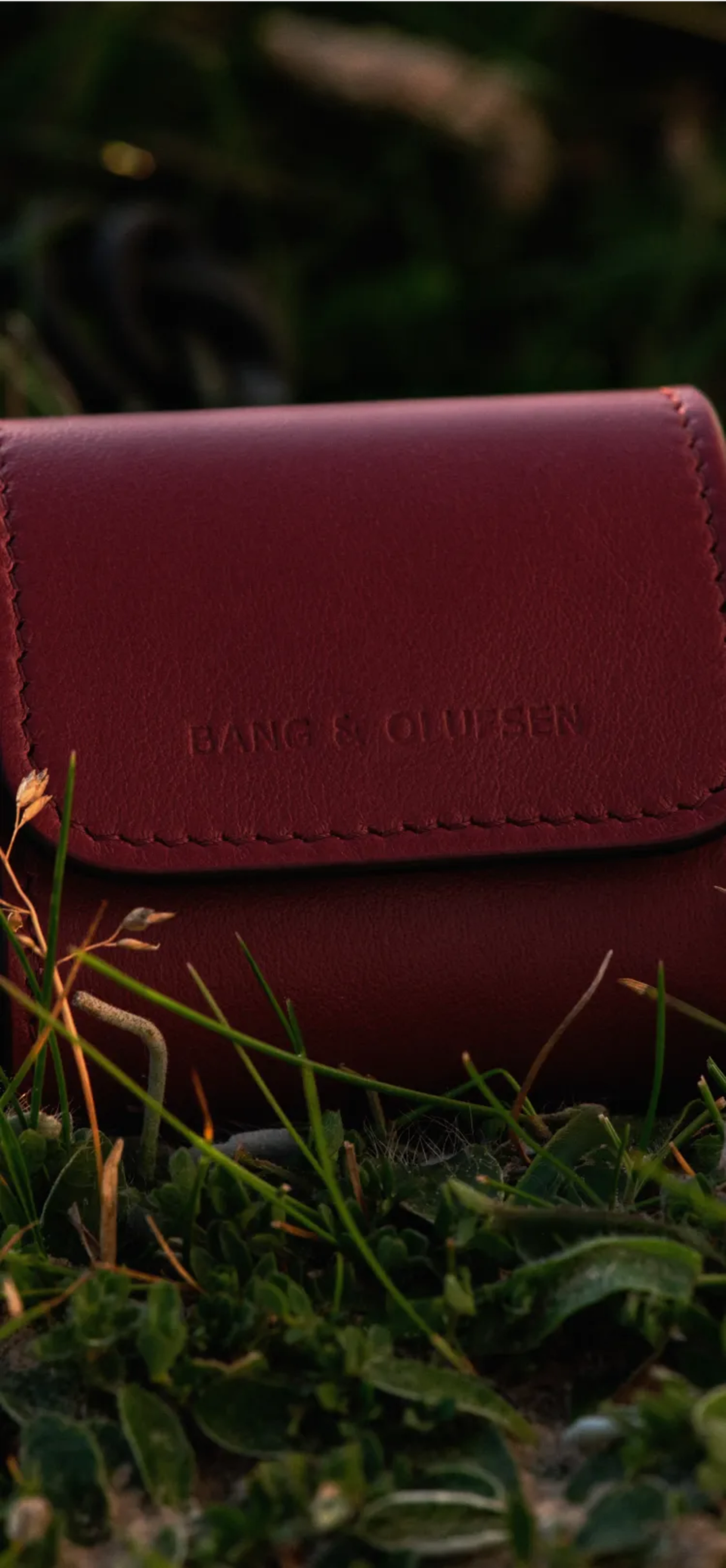 草地上擺放著 Cranberry Red 色 Beo Grace 皮革收納袋