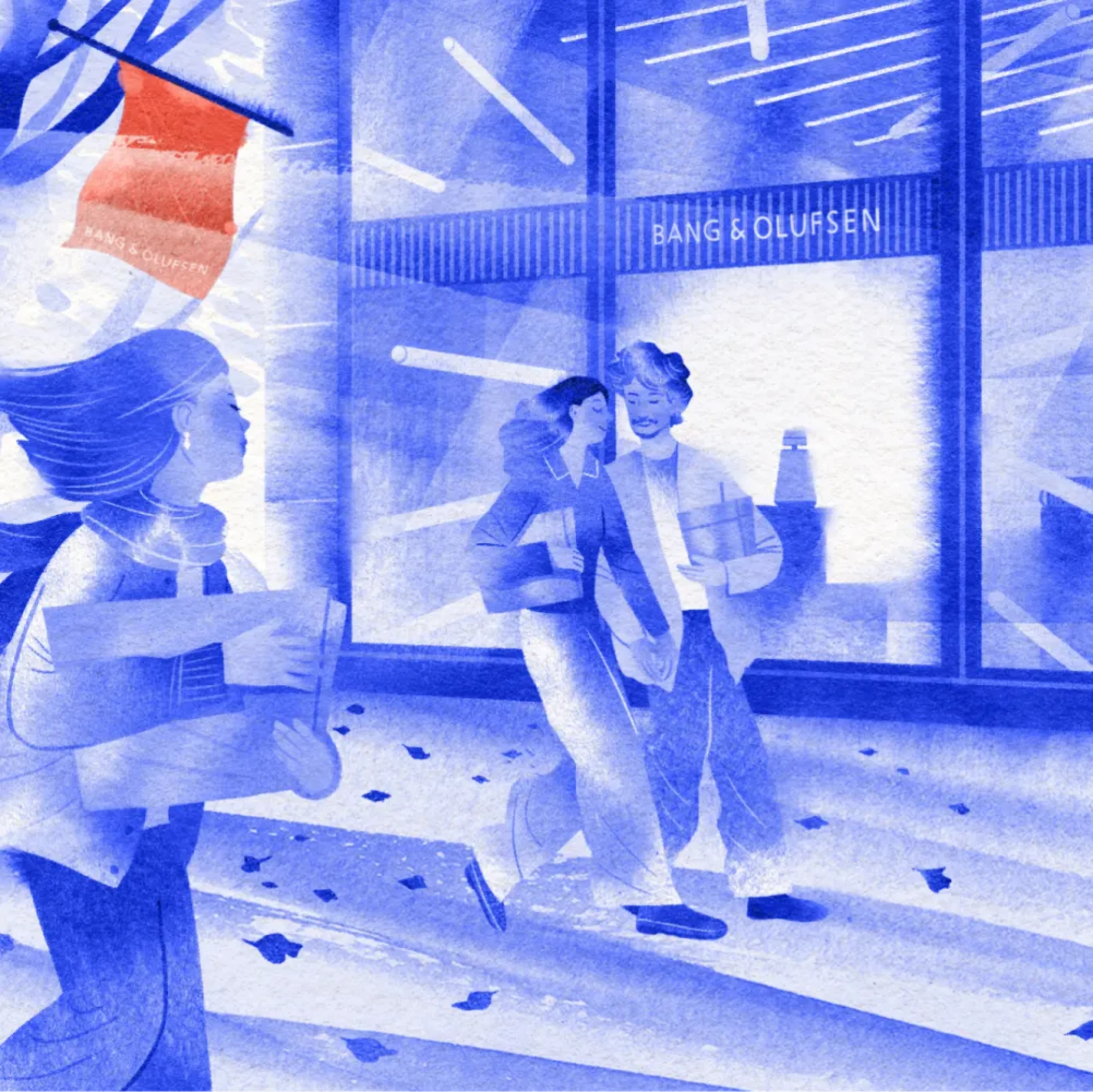 Blau gestaltete Illustration von Personen, die mit verpackten Produkten an einem Bang & Olufsen Store vorbeigehen, während eine rote Flagge mit dem Bang & Olufsen Logo zu sehen ist