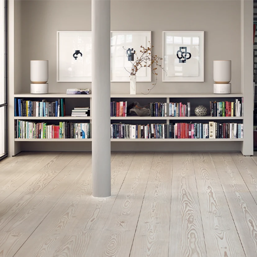 A stereo pair of Beosound Balance on a bookshelf in a livingroom