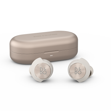 Beoplay EQ earphones and charging case in sand colour