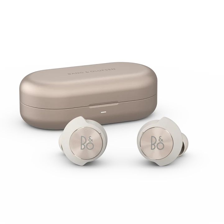 Beoplay EQ earphones and charging case in sand colour