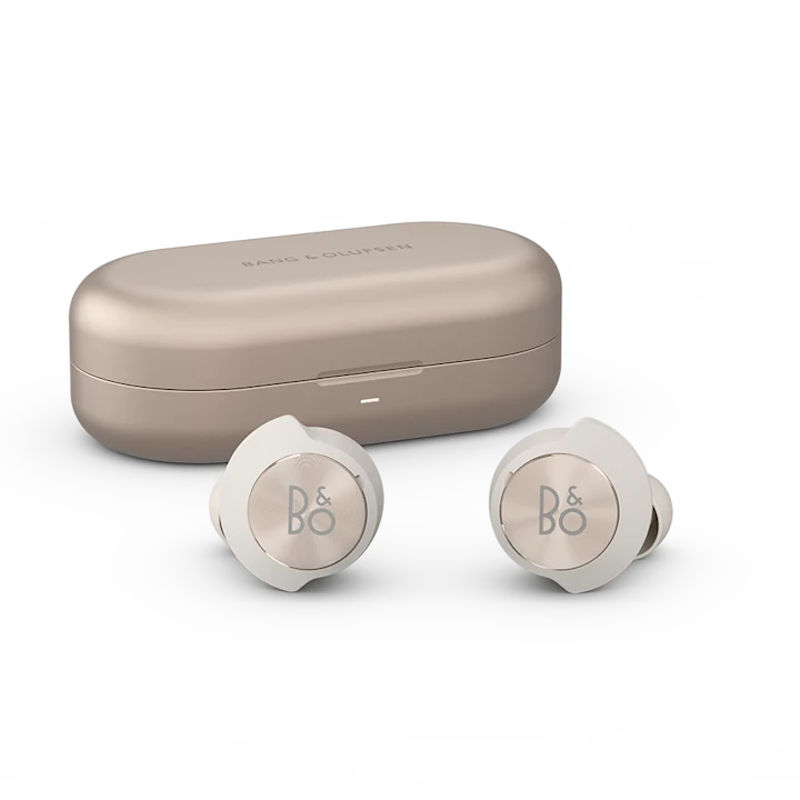 Beoplay EQ earphones and charging case in sand colour