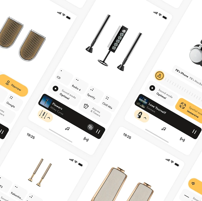 Screens from B&O app showing different products