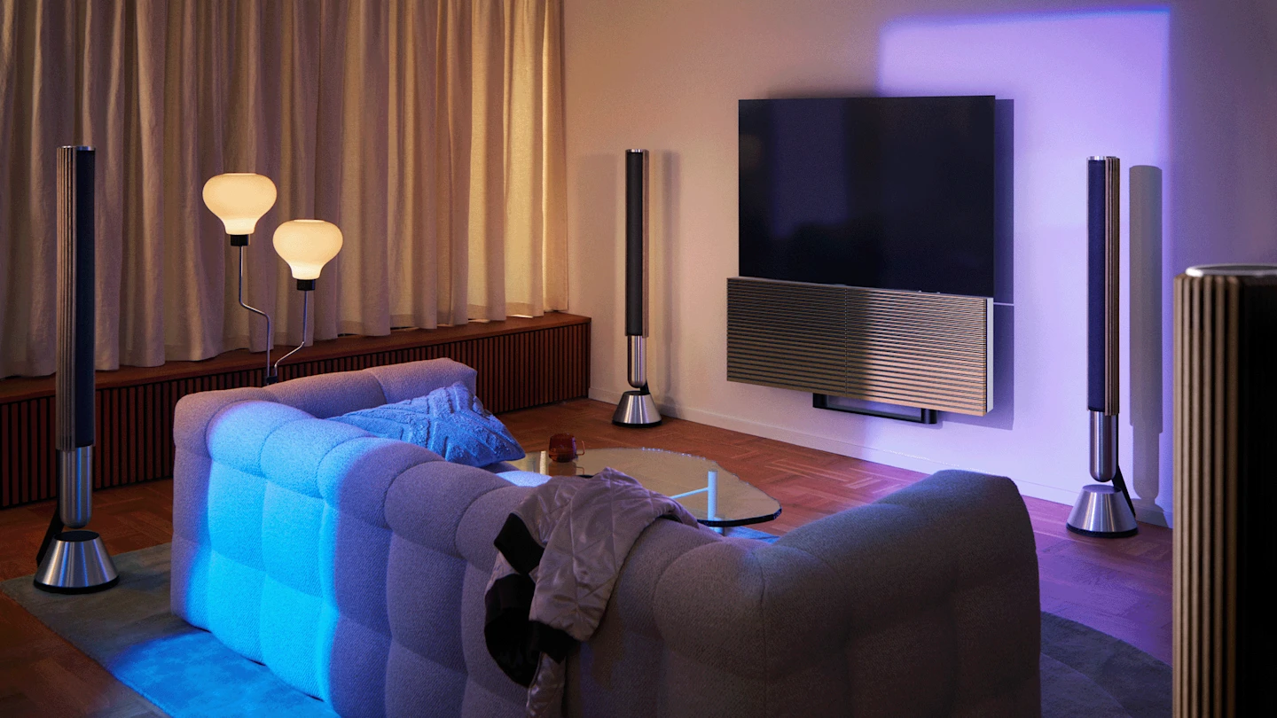 Beovision Harmony in a living room with a pair of Beolab 28