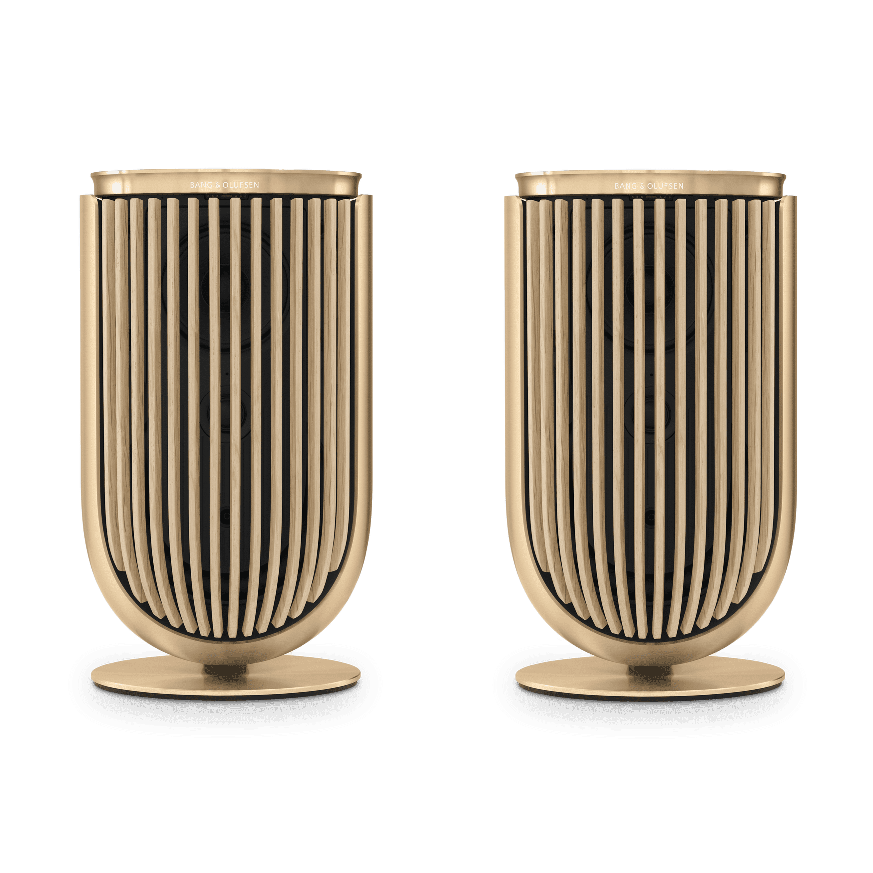 Product image of two Beolab 8 speakers on table stands in Gold Tone aluminium with Light Oak covers