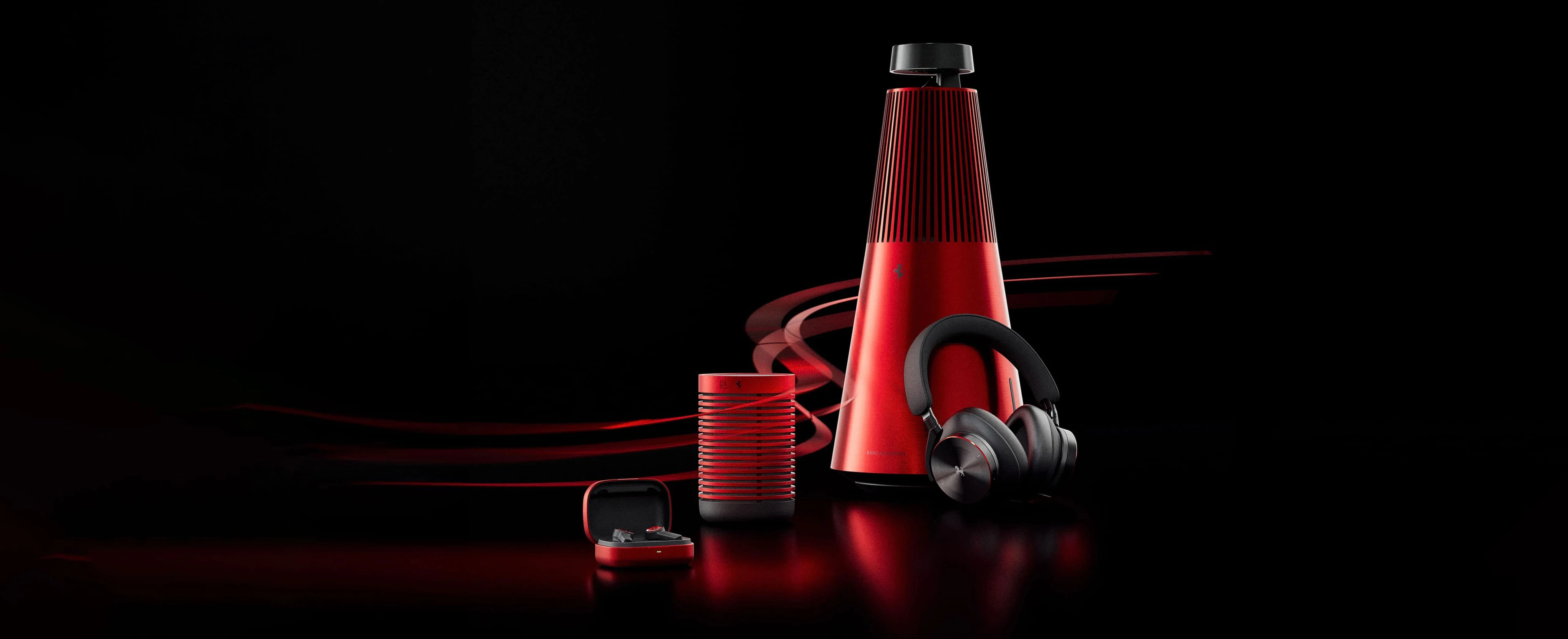 Image of the Bang & Olufsen Ferrari Collection with Beosound 2, Beosound Explore, Beoplay EX and Beoplay H95