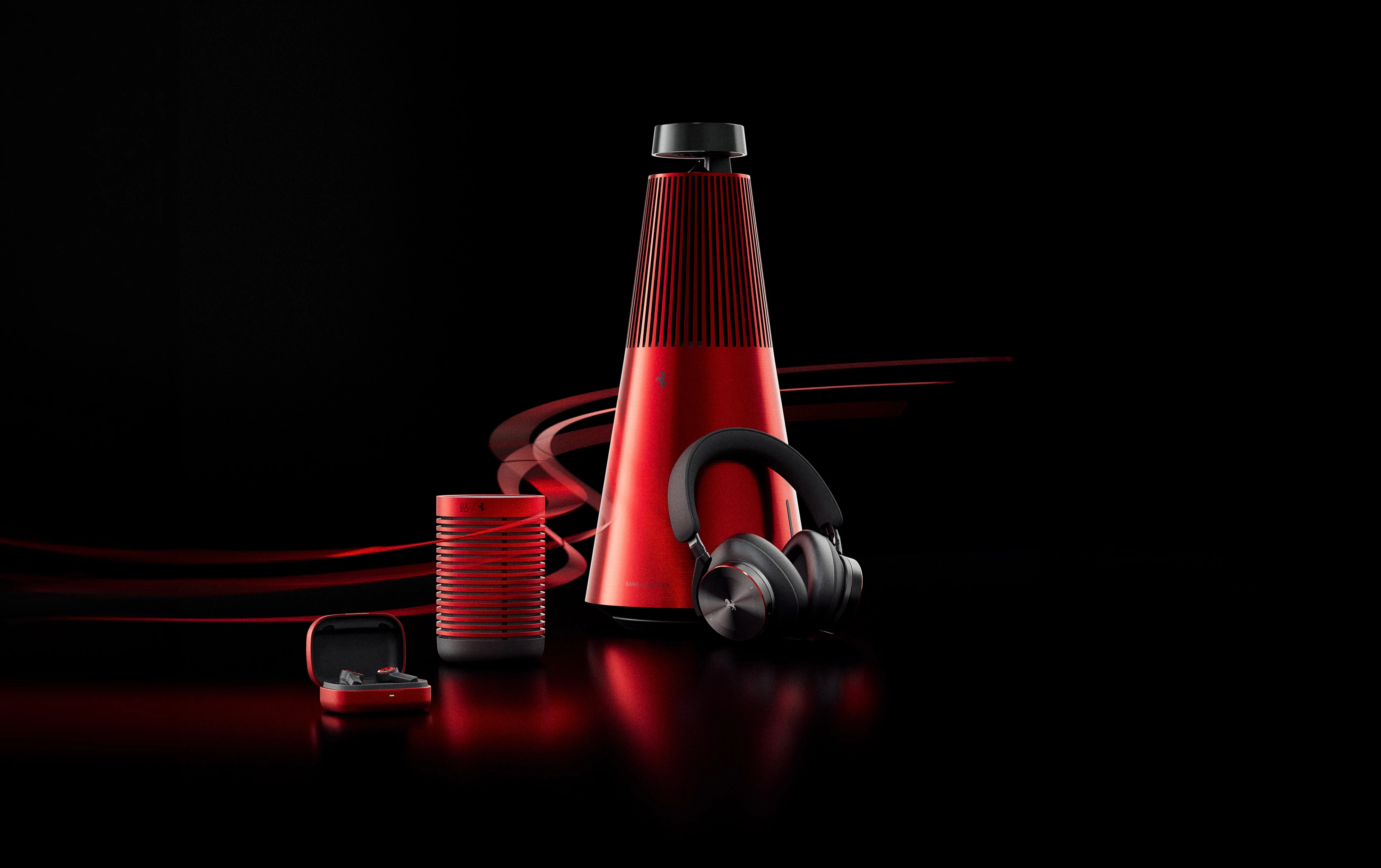 Image of the Bang & Olufsen Ferrari Collection with Beosound 2, Beosound Explore, Beoplay EX and Beoplay H95