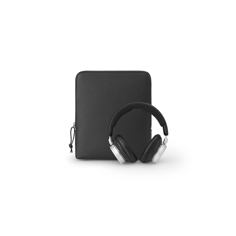 Leather pouch and headset in infinite black