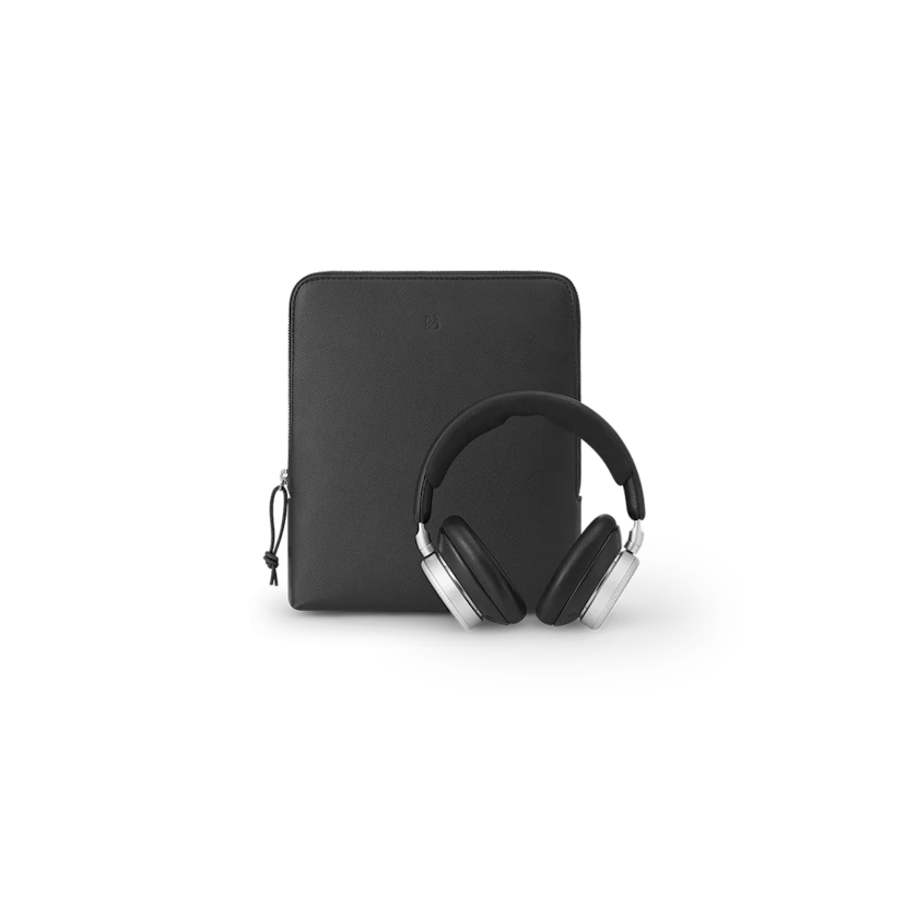 Leather pouch and headset in infinite black