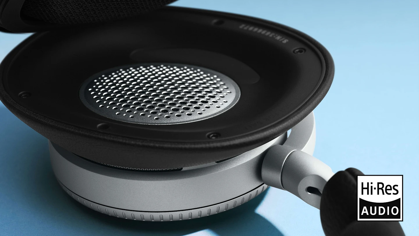 Close-up on the headphone details of the Beoplay H100 with HiRes logo