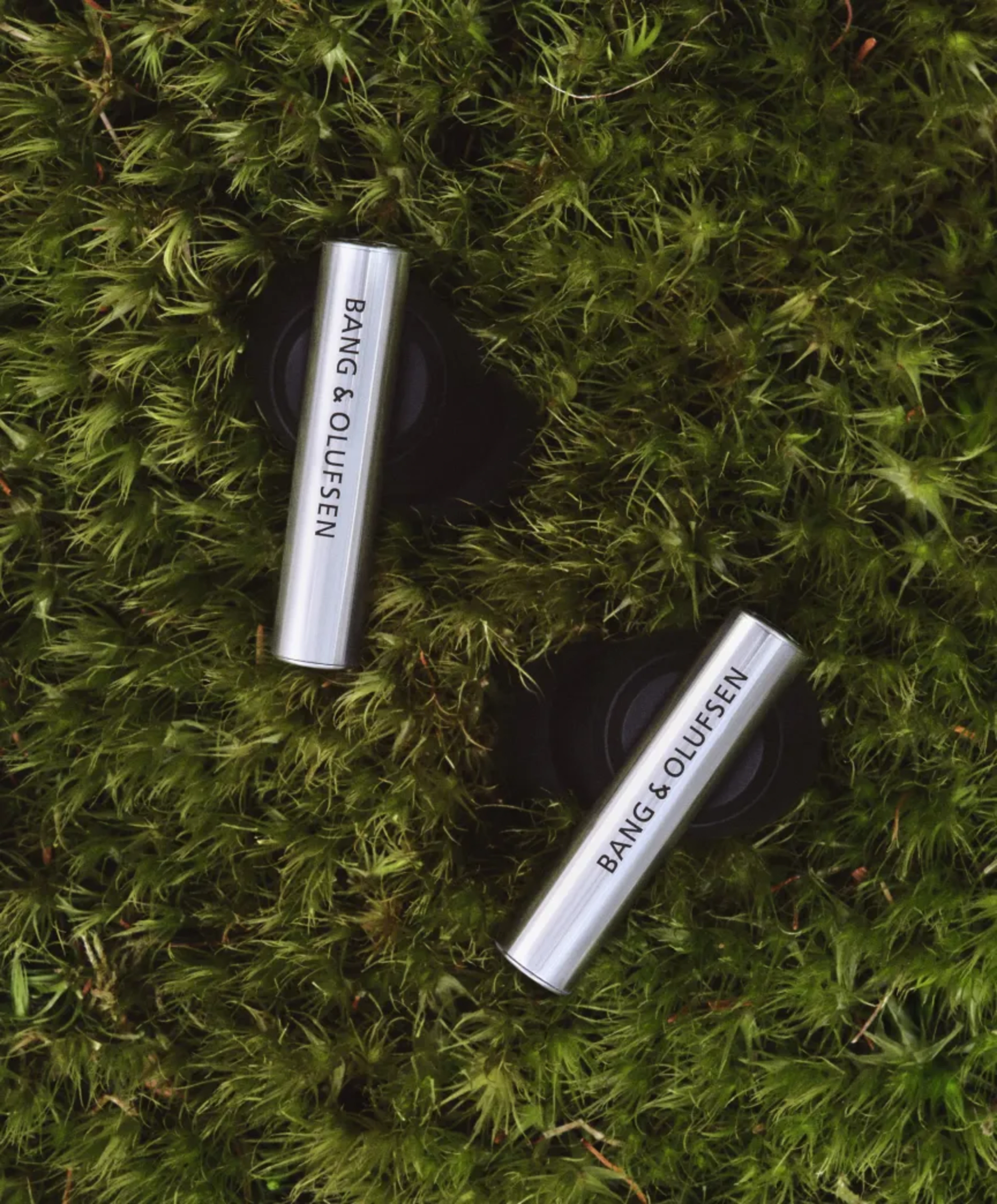 草地上有一對 Beo Grace,展現入耳式耳機的鋁製材質支架細節