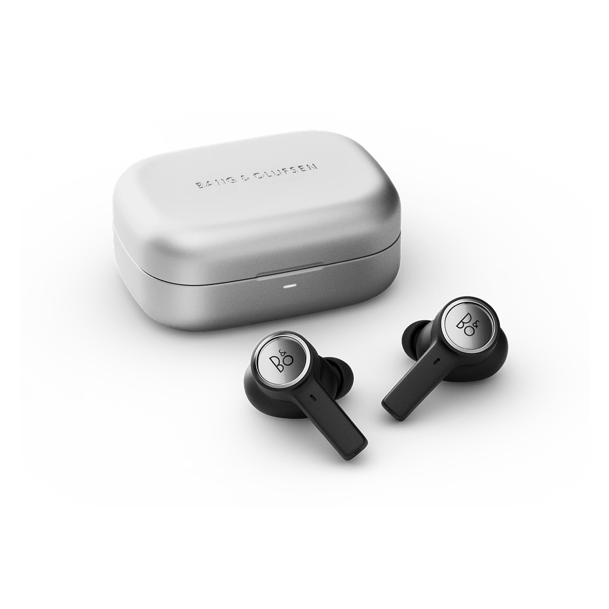 Beoplay Eleven in Natural Aluminium with case and earbuds next to each other