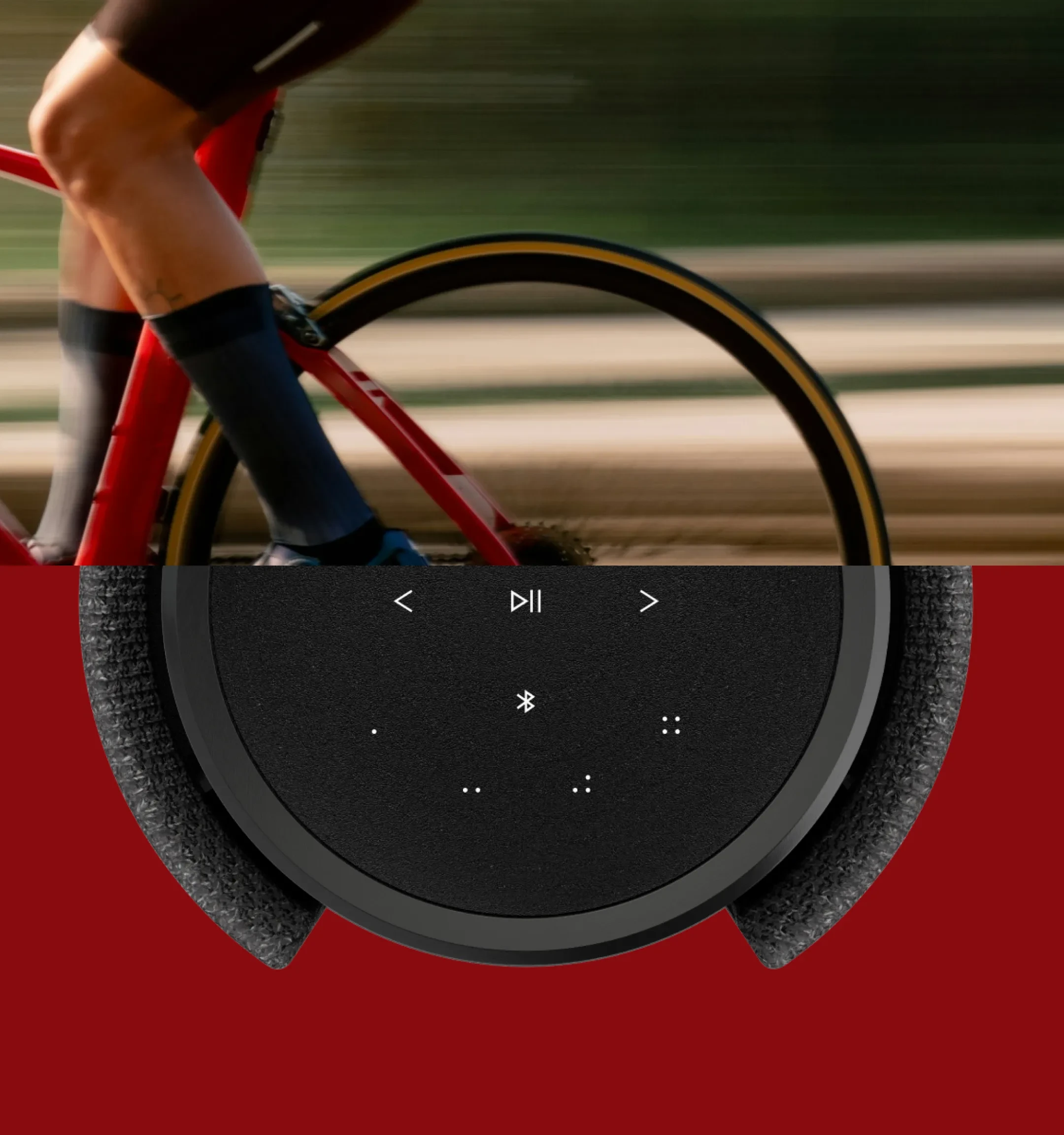 A split image of a person cycling with Beolab 28