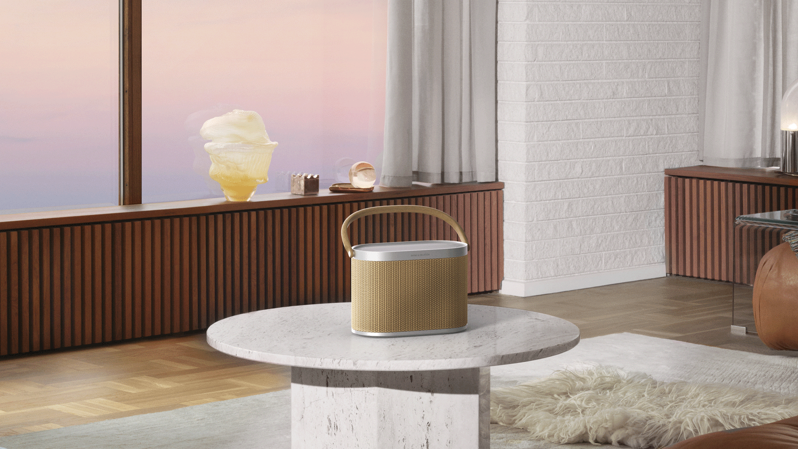 Image of Beosound A5 in Nordic Weave on a table