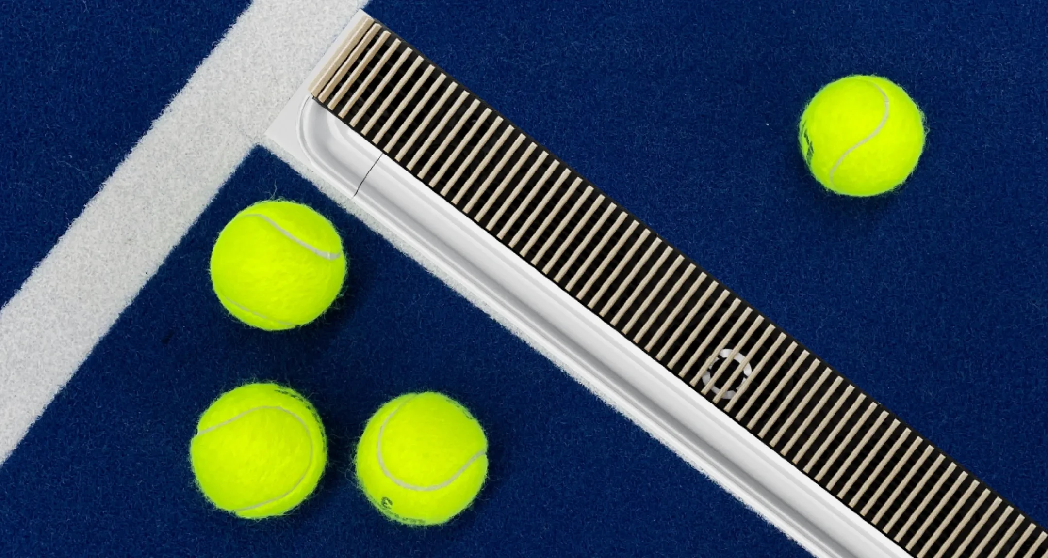 Beosound Premiere on a dark blue tennis field with yellow tennis balls