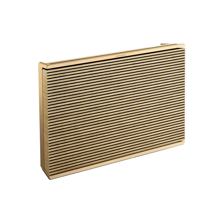 Beosound level goldtone lightoak with IF design award logo and Cralde to Cradle certificate logo