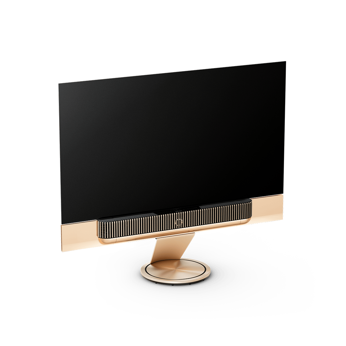 Product image of the Beovision Theatre television 77" in gold tone with light oak front cover on a motorised floor stand