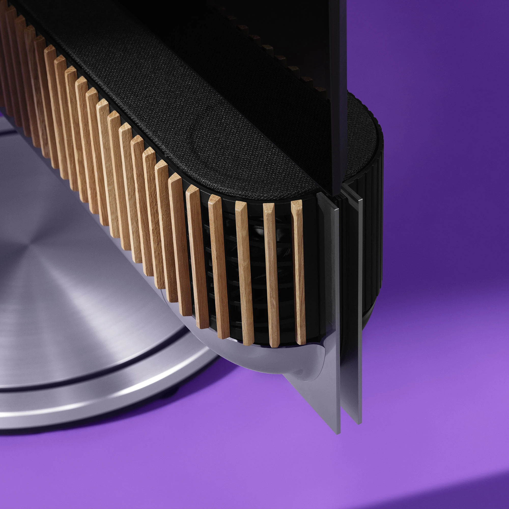 Detail shot of the corner of Beovision Theatre TV on a motorised floor stand