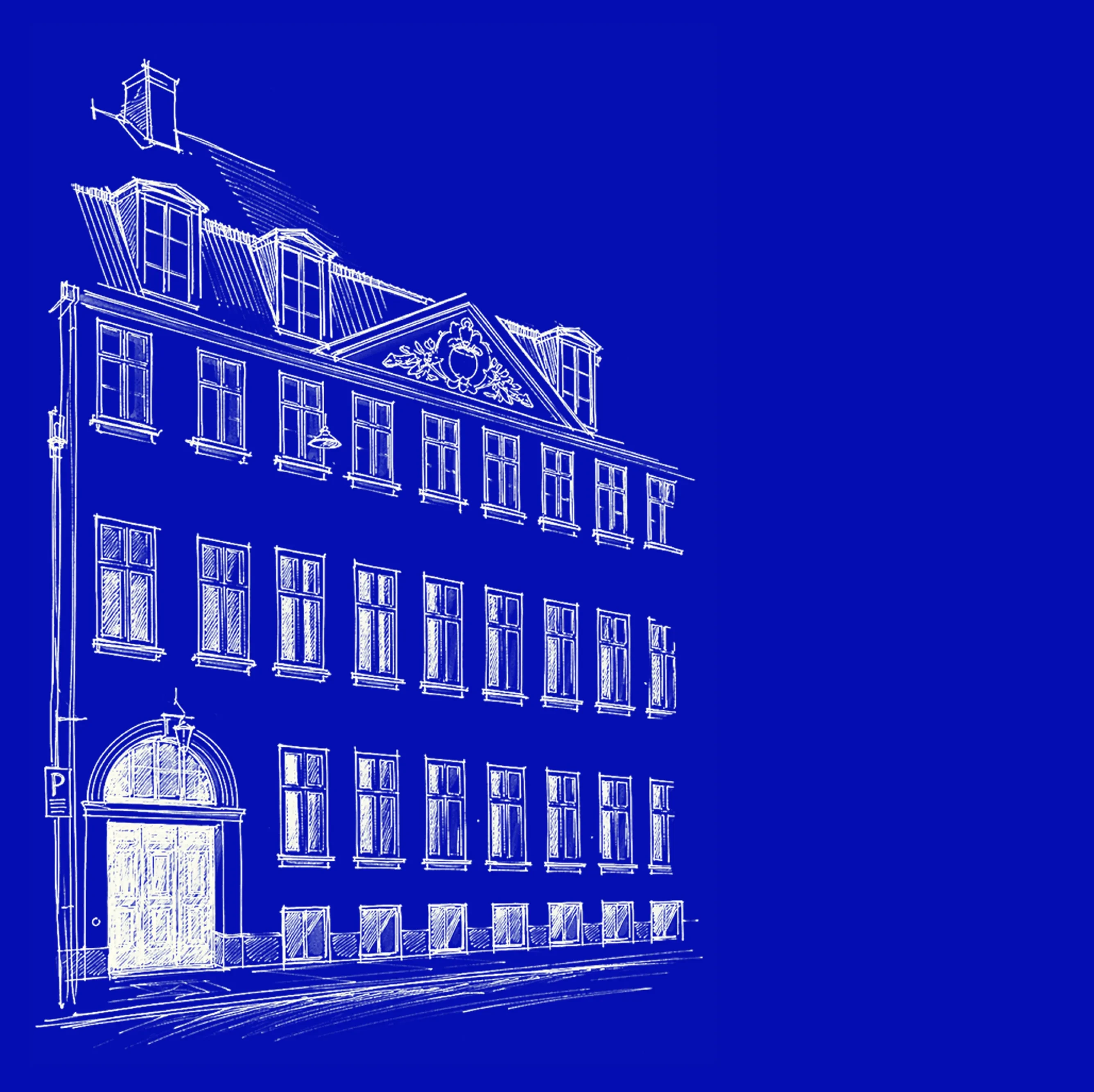 White line sketch of a classic multi-story building with ornate details on a bold blue background.
