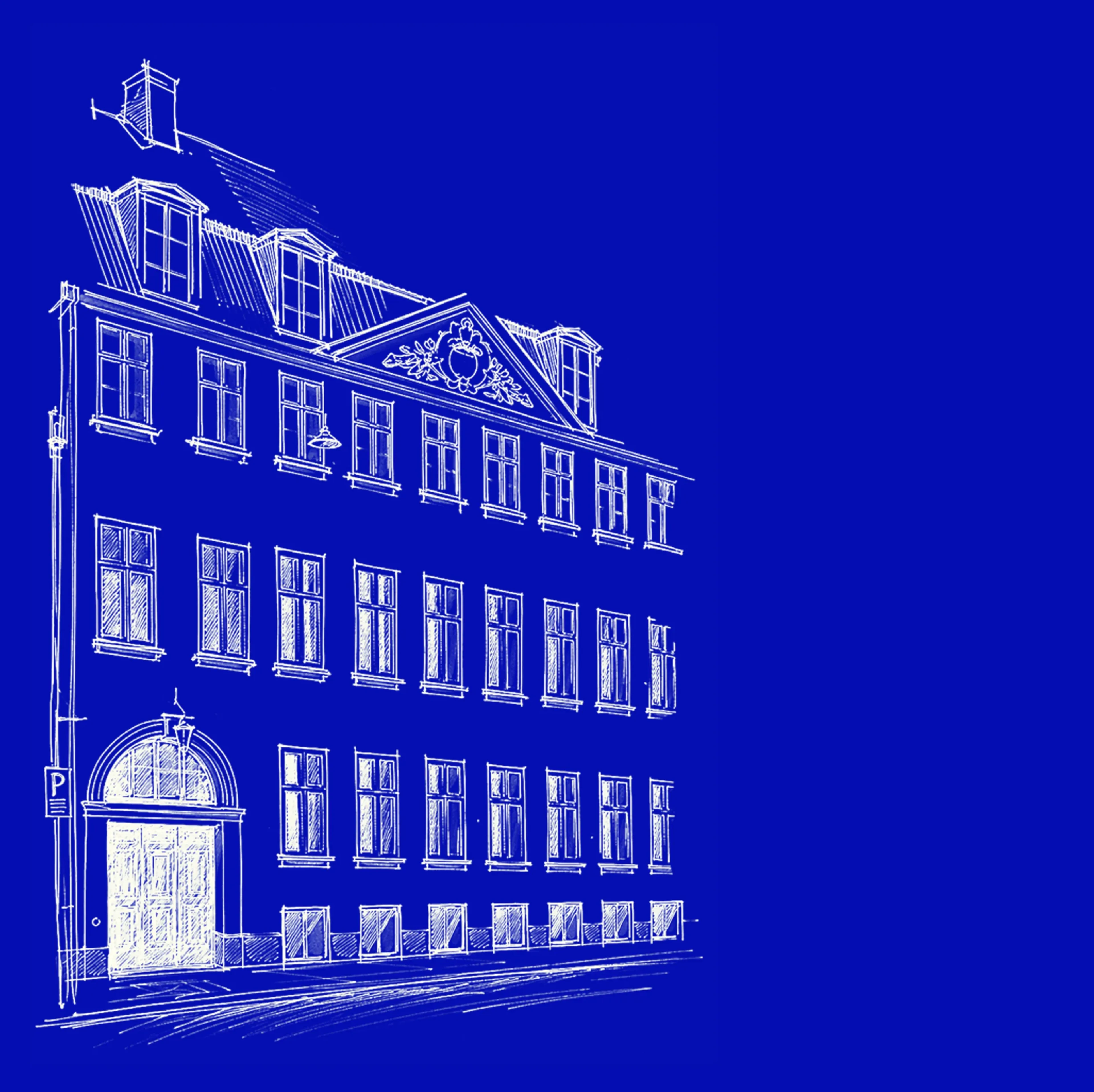 White line sketch of a classic multi-story building with ornate details on a bold blue background.