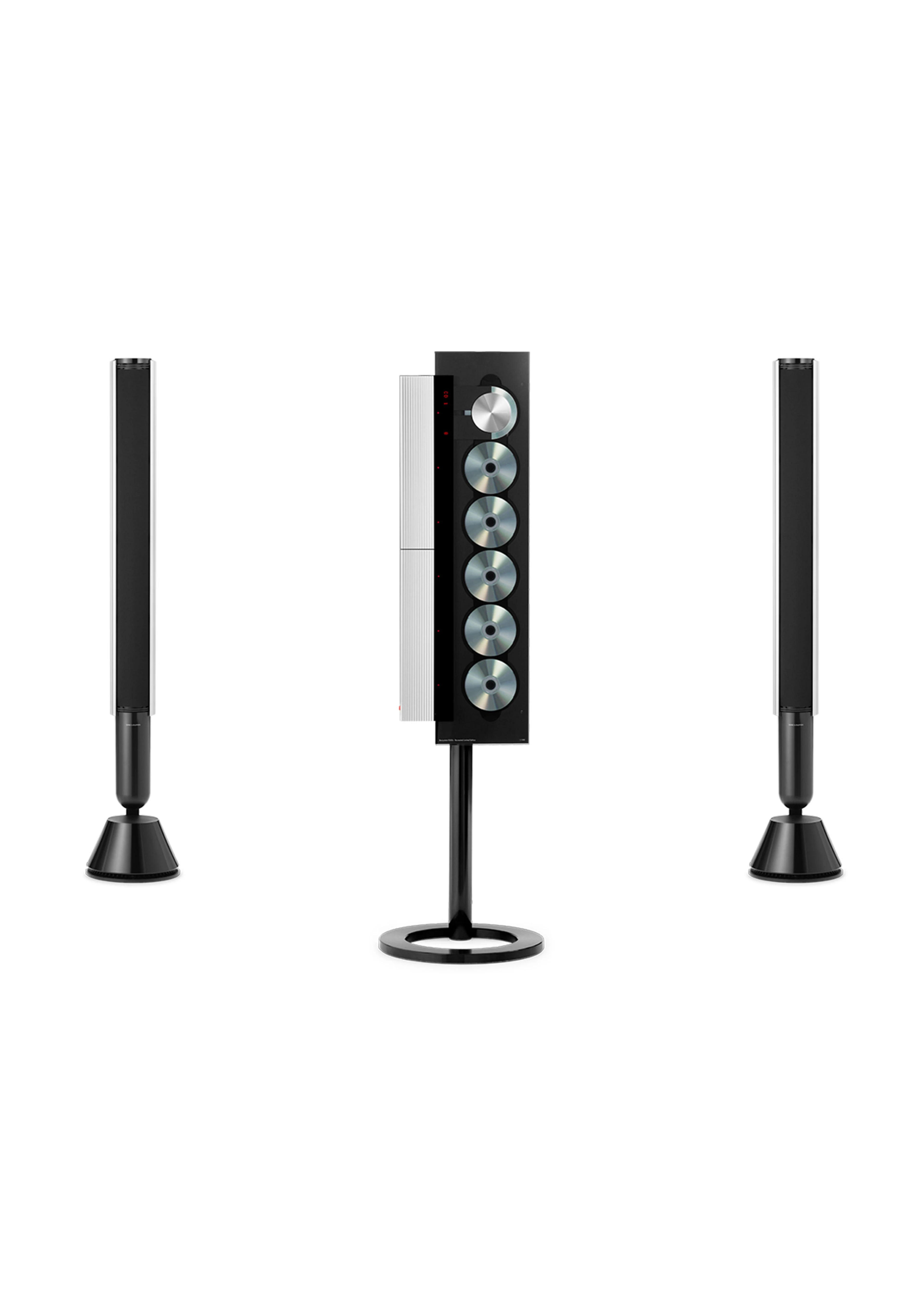 Product image of the Beosystem 9000c sound system that includes a CD player and two Beolab 28 speakers