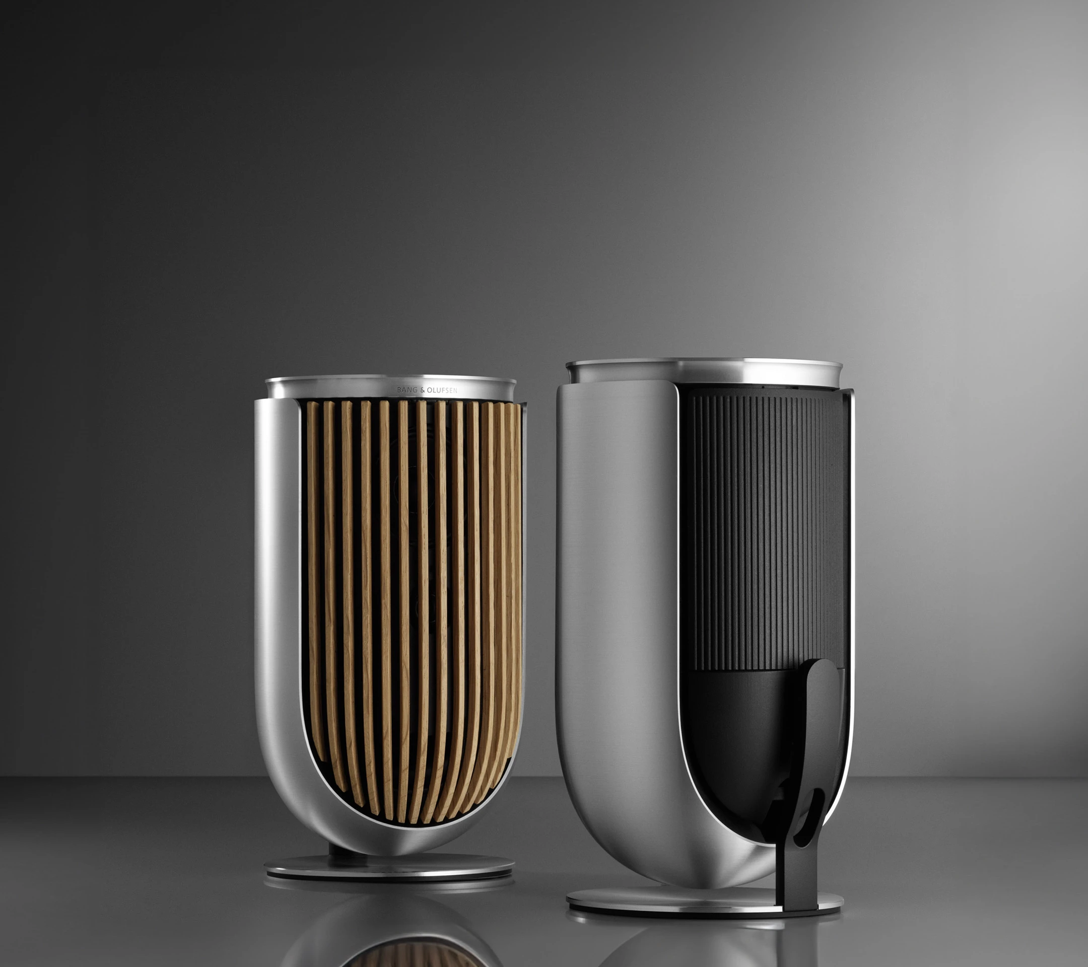 Two Beolab 8 speaker in Natural aluminum in front of each other showing a stereo pair experience