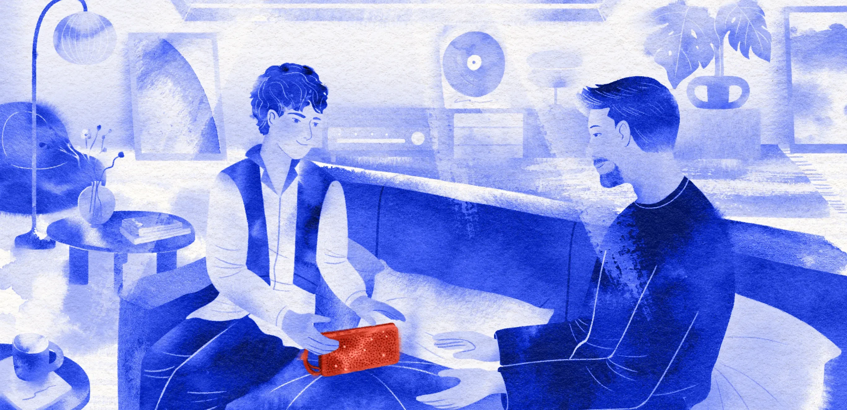 Illustration af to personer, der sidder på en sofa, hvoraf den ene holder en rød Bang & Olufsen-højttaler.