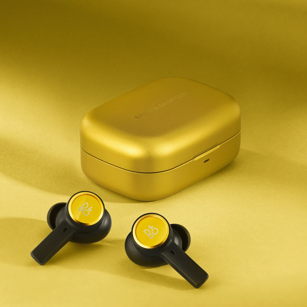 Beoplay EX Atelier closed wireless charging case and earbuds in Pineapple Yellow