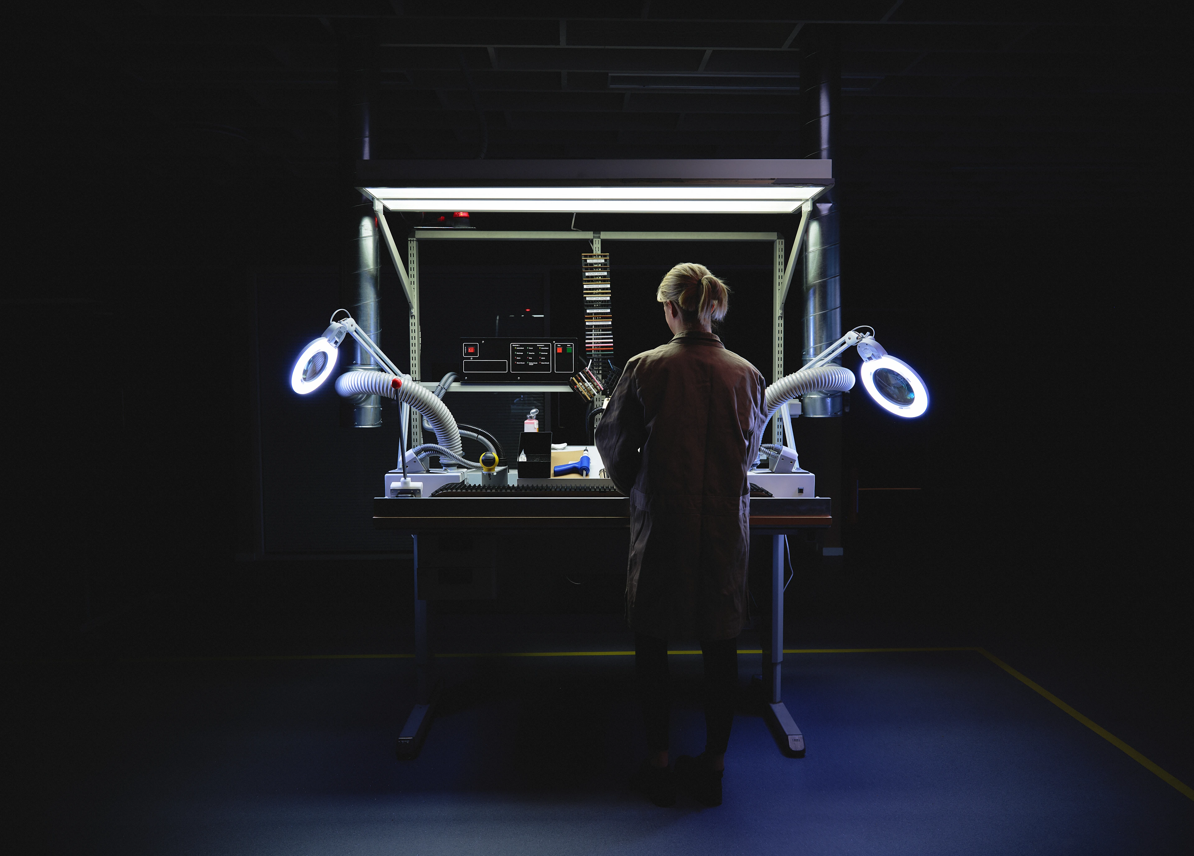 Closeup of a working station at Bang & Olufsen factory