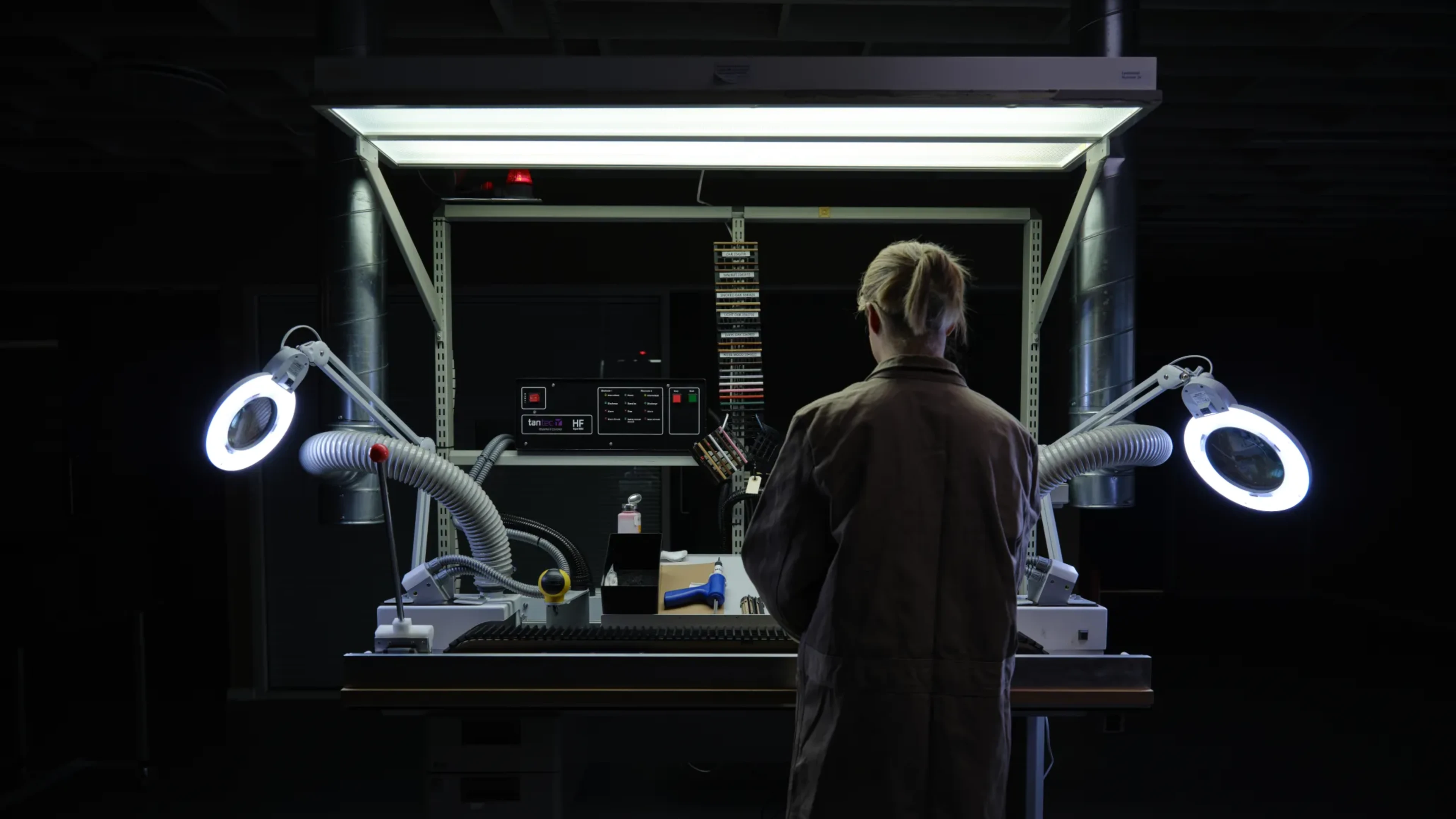 Closeup of a working station at Bang & Olufsen factory
