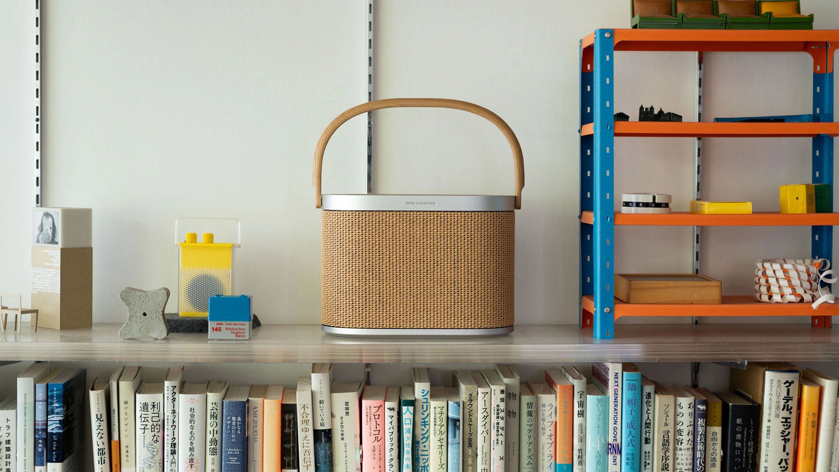 Beosound A5 on a bookshelf