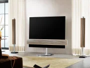 Television with trees on the screen hanging from a beige wall in a living room