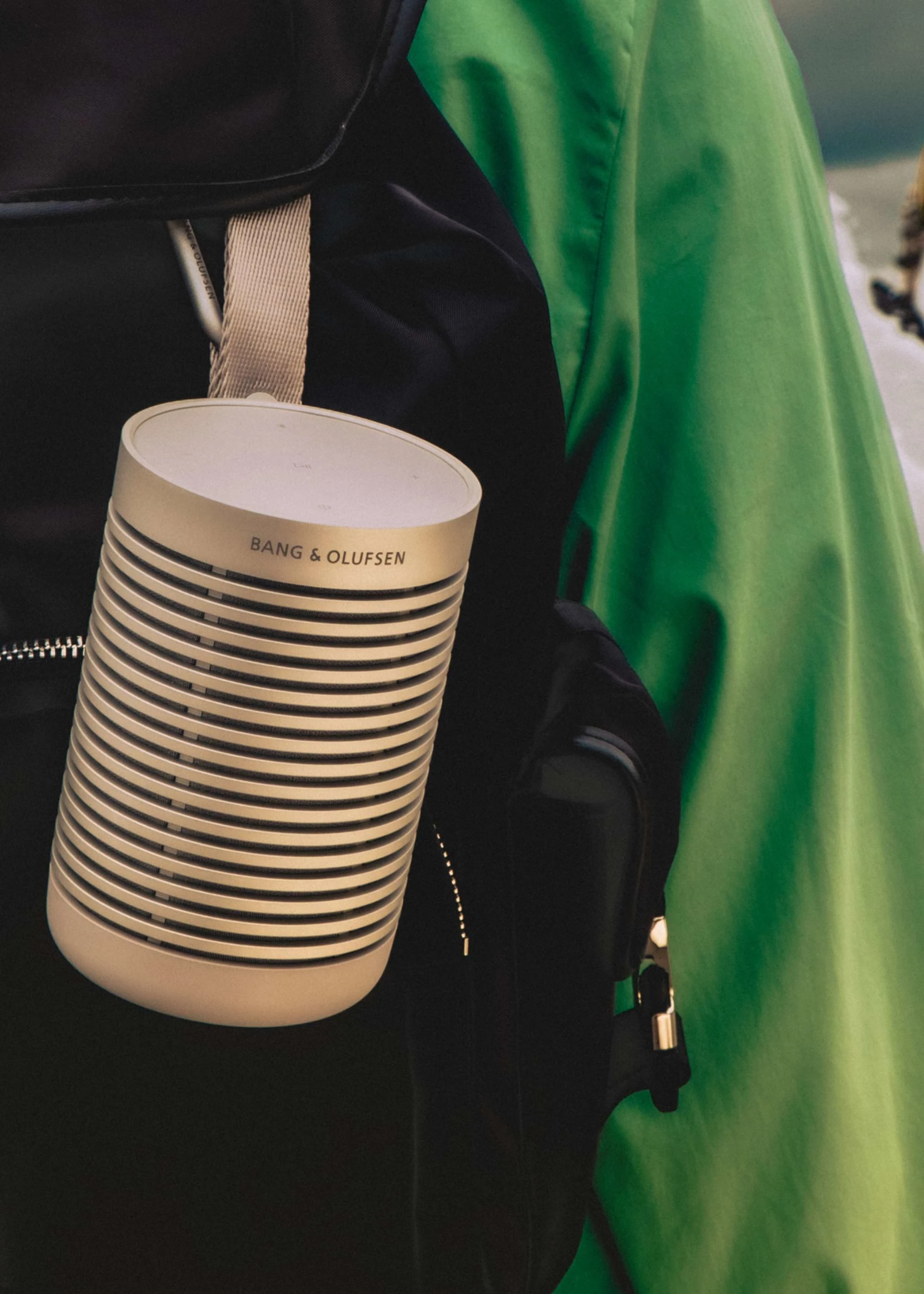 Beosound Explore attached to a backpack