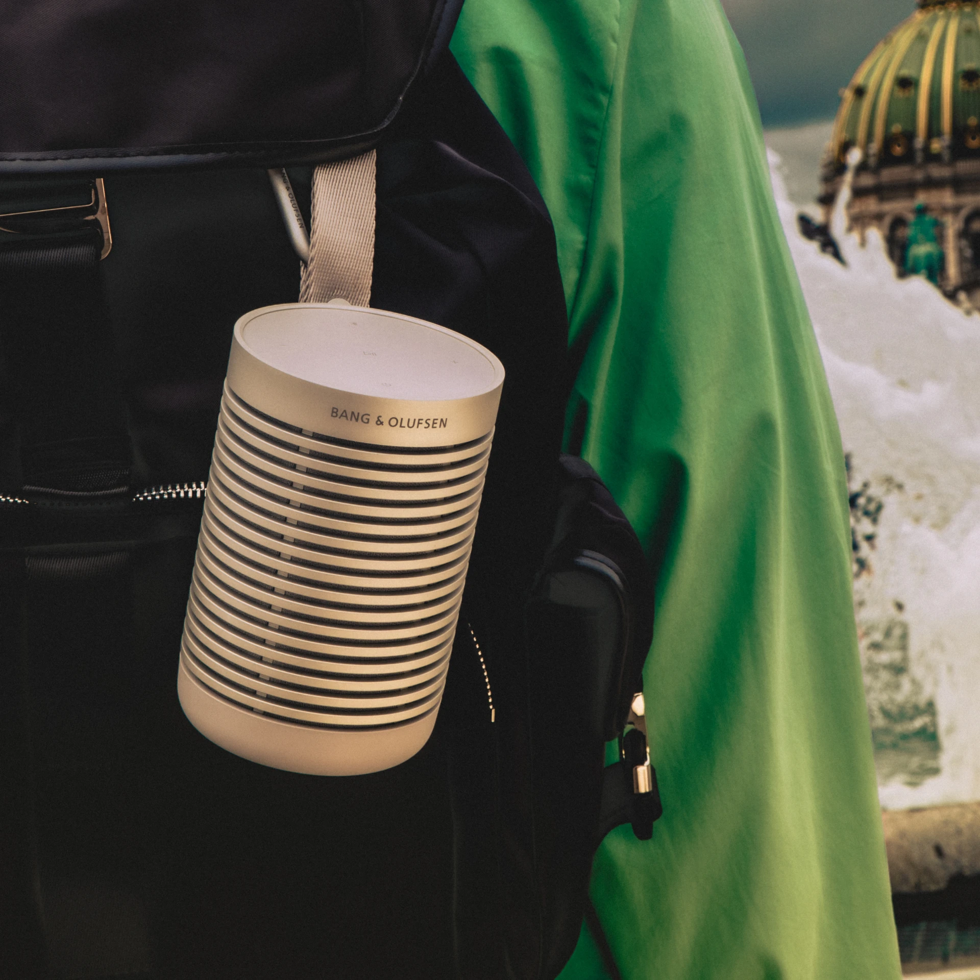 Beosound Explore attached to a backpack