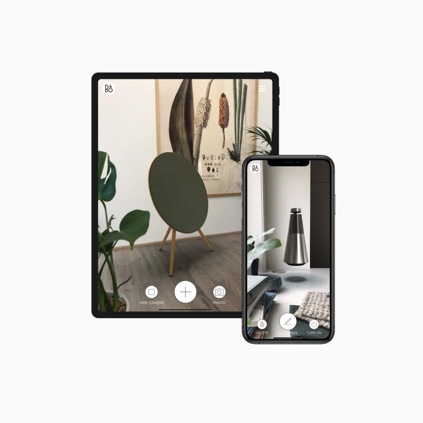Screen shot from B&O AR Experience app showing a Beoplay A9