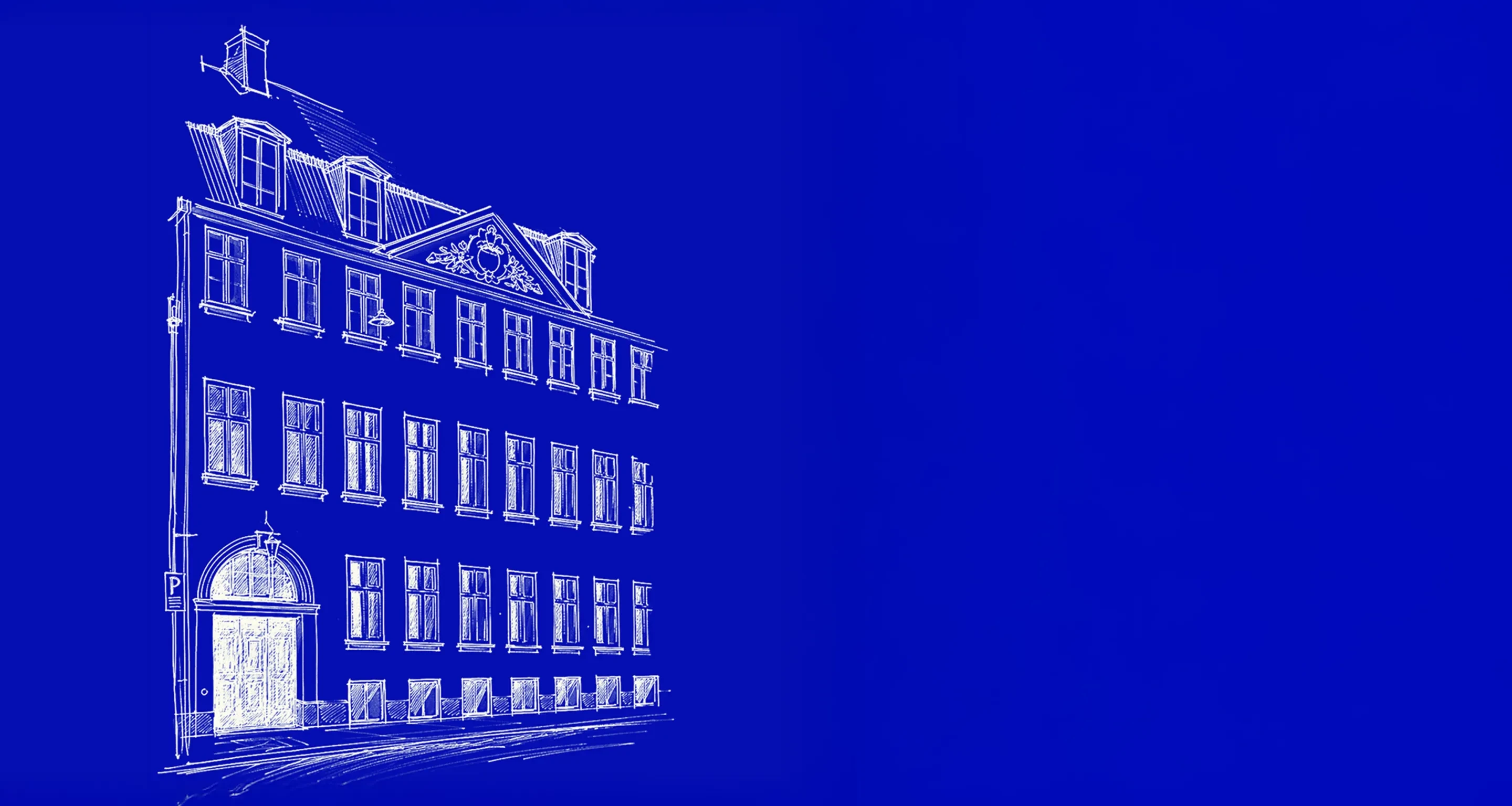 White line sketch of a classic multi-story building with ornate details on a bold blue background.