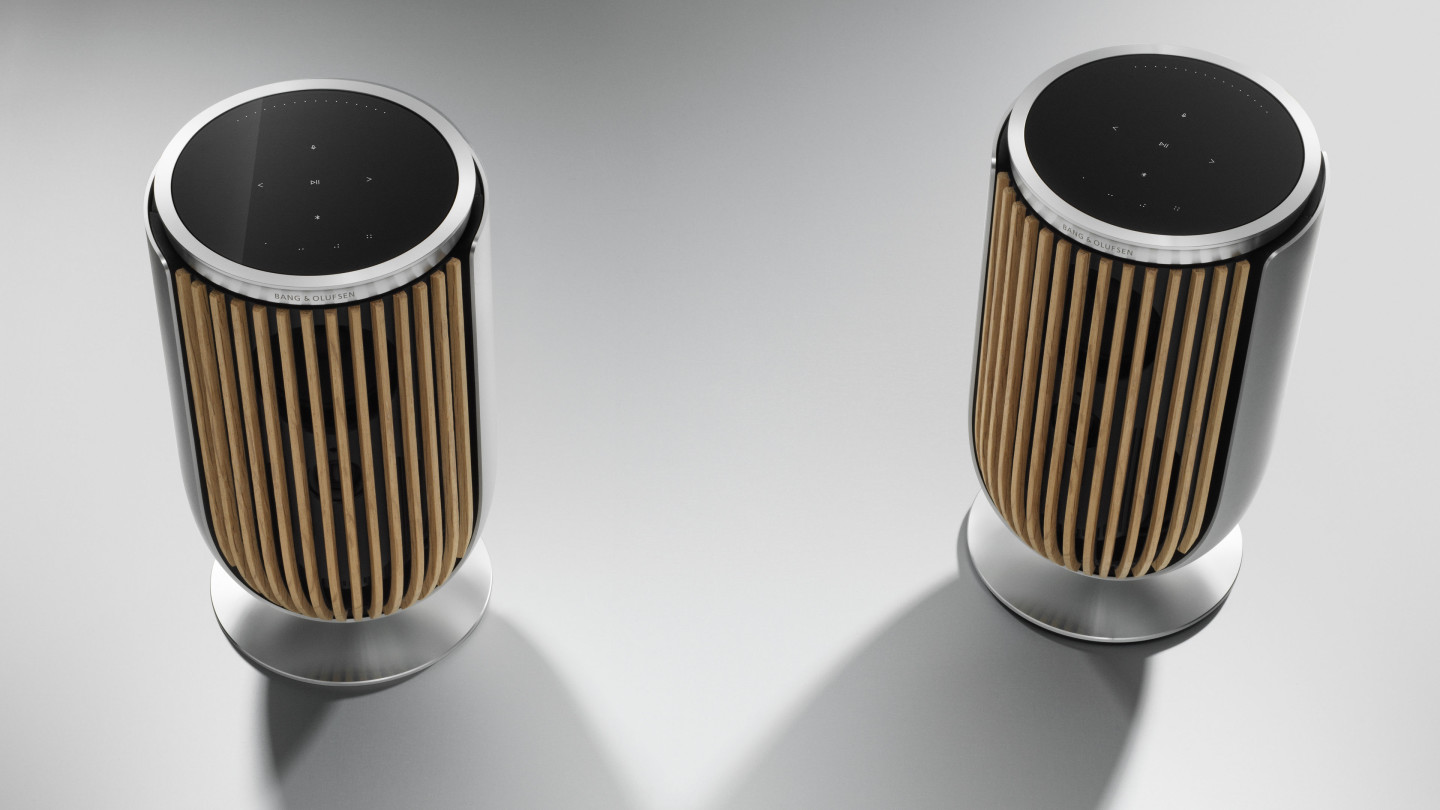 Two Beolab 8 speakers that are connected to an iOS device