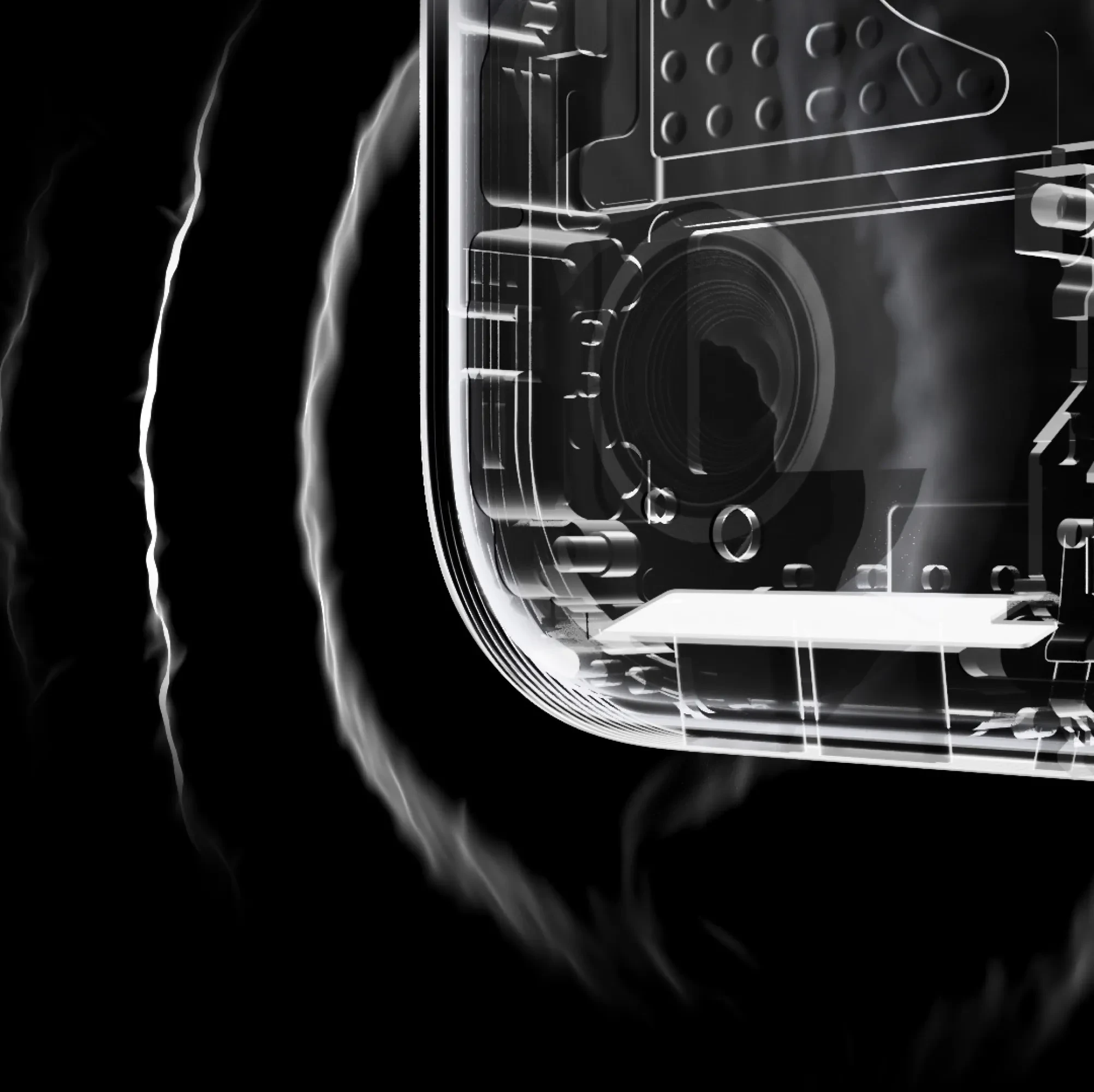 X-ray style rendering of a smartphone's top corner in black and white, revealing internal speaker components