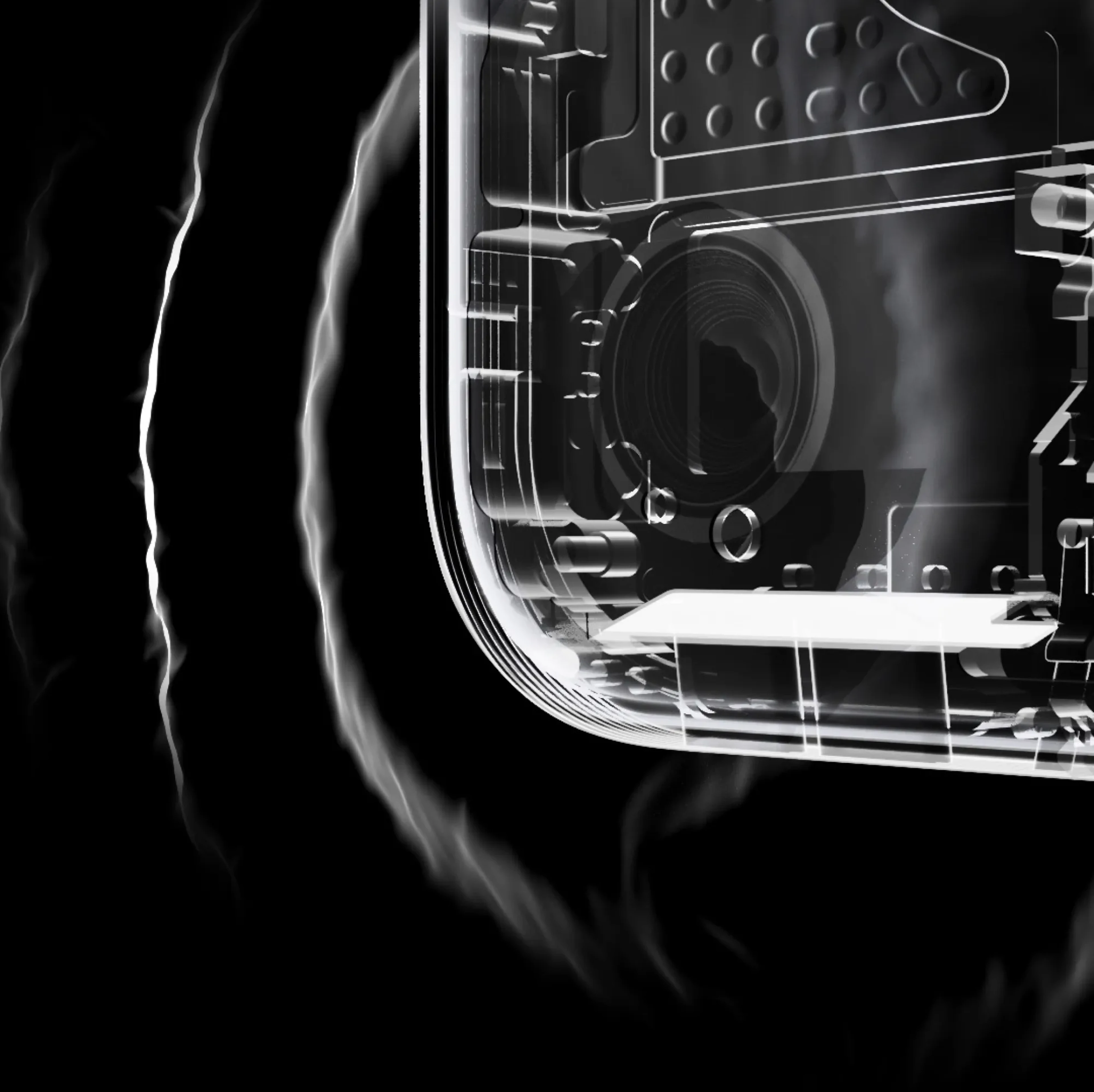 X-ray style rendering of a smartphone's top corner in black and white, revealing internal speaker components