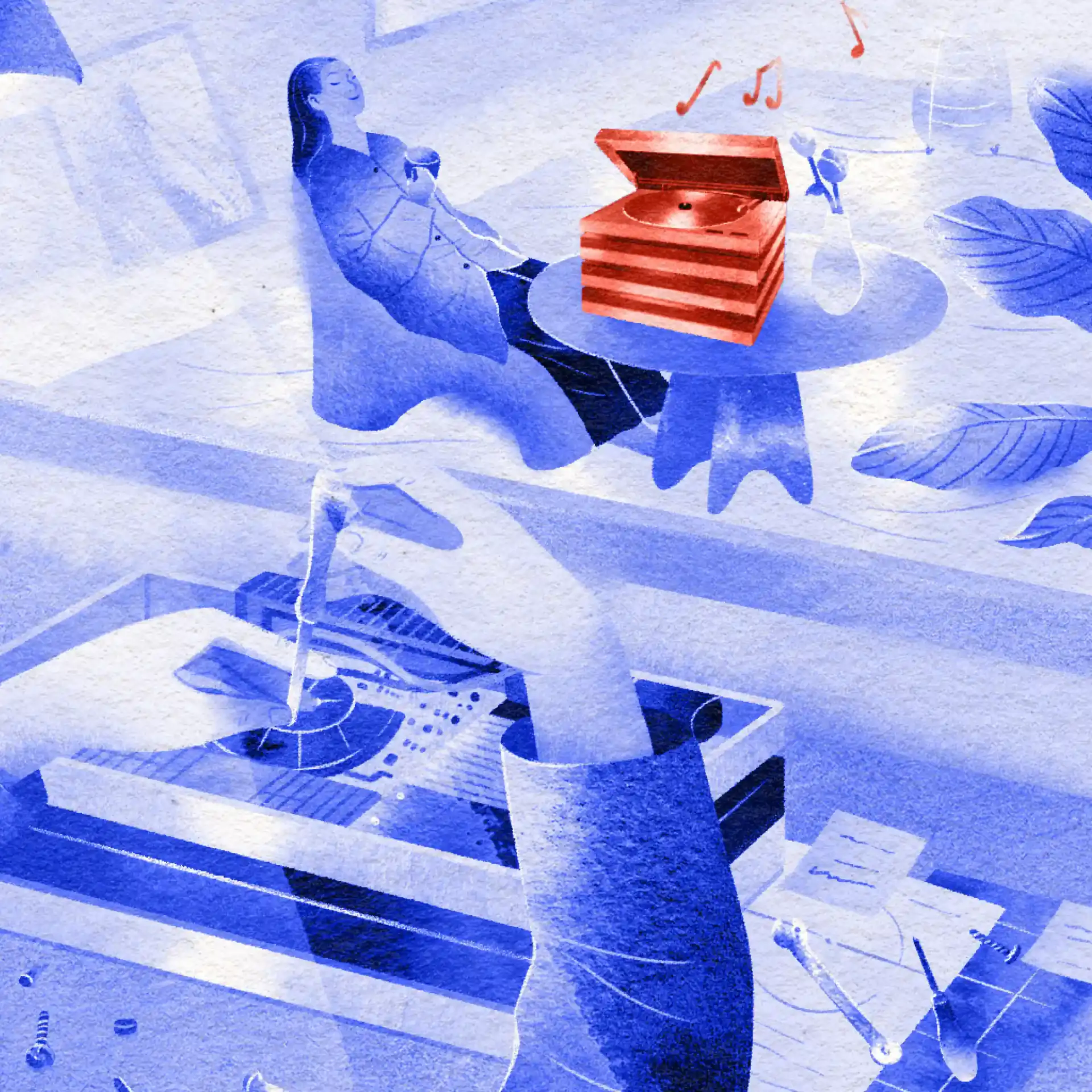 Blau gestaltete Illustration eines Technikers, der ein Produkt repariert, während eine Frau Musik über ein generalüberholtes Reloved-Produkt hört.