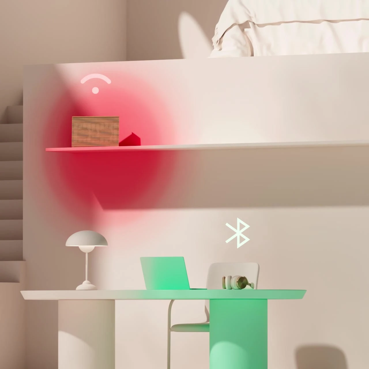 Image that shows Beosound Level not connected to WiFi and a pair of headphones connected to bluetooth