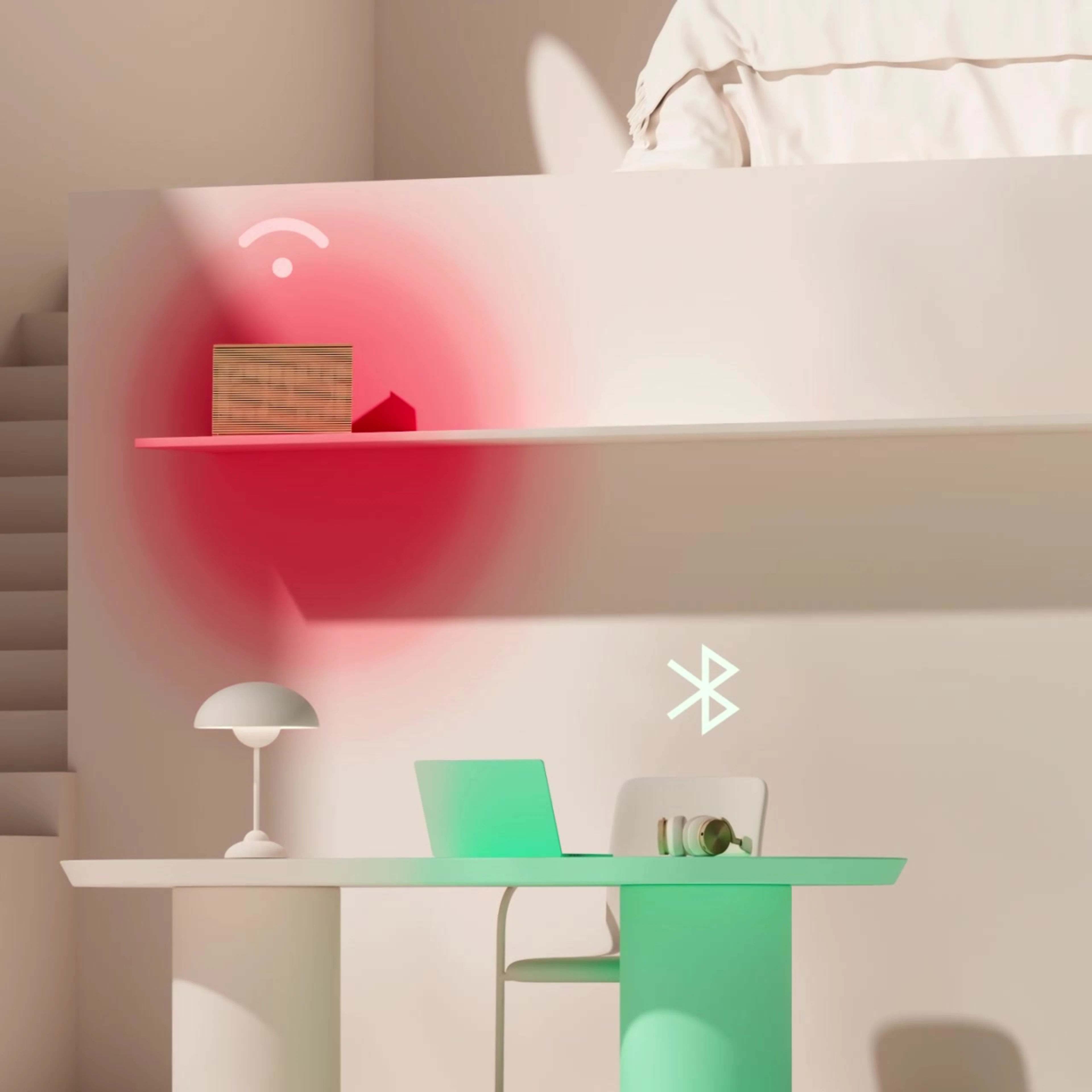 Image that shows Beosound Level not connected to WiFi and a pair of headphones connected to bluetooth