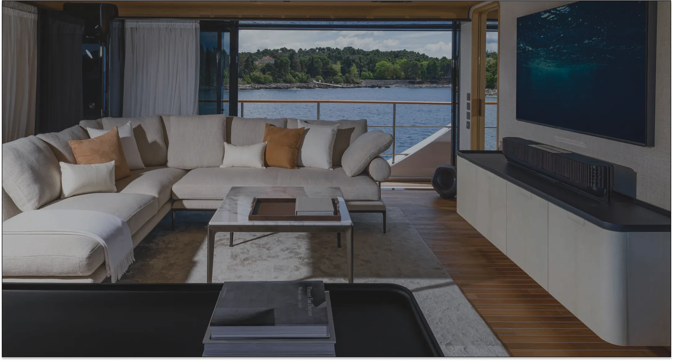 A picture of a living room on a yacht