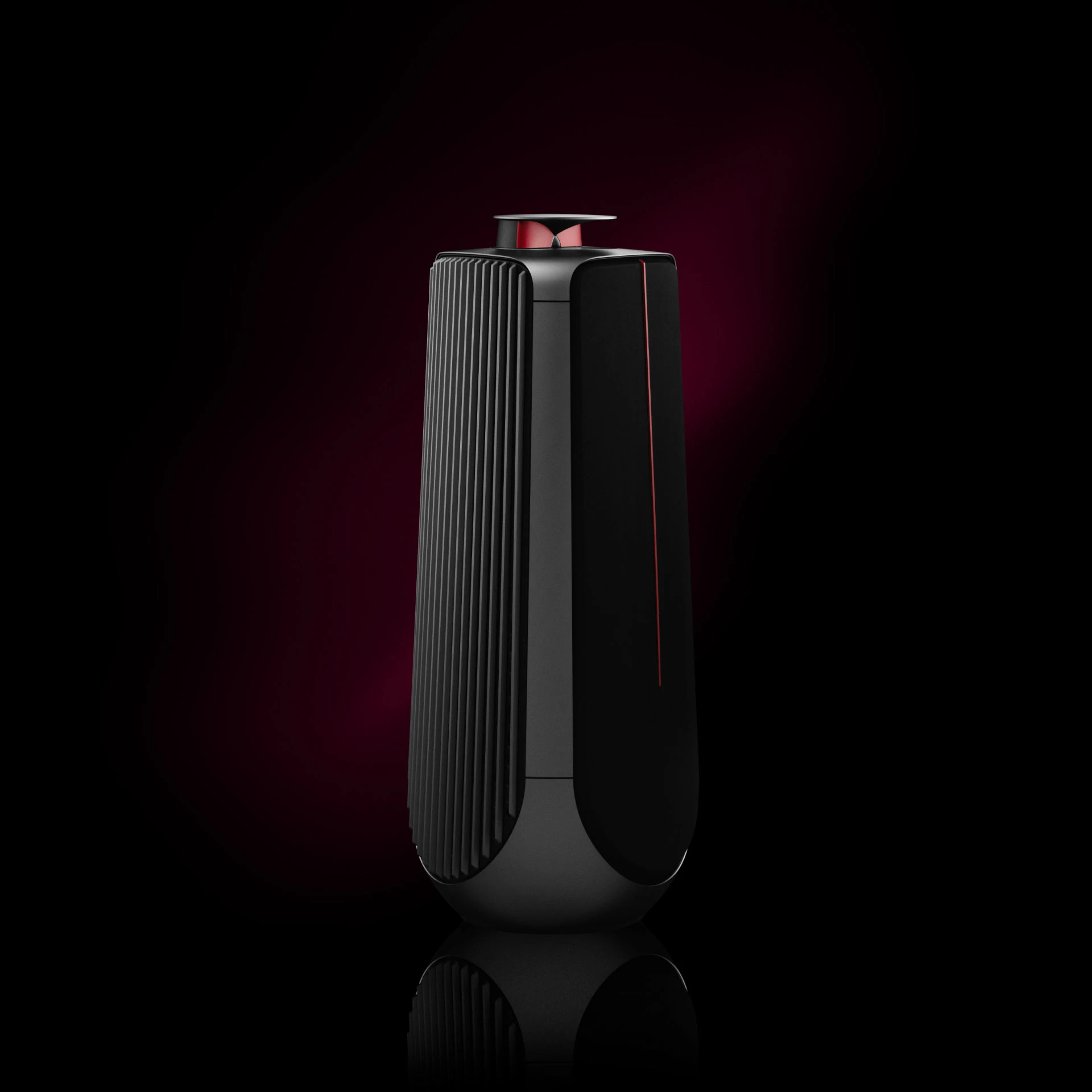 Beolab 50 Ferrari Edition speaker in grey, black and with red aluminium details on a dark red background