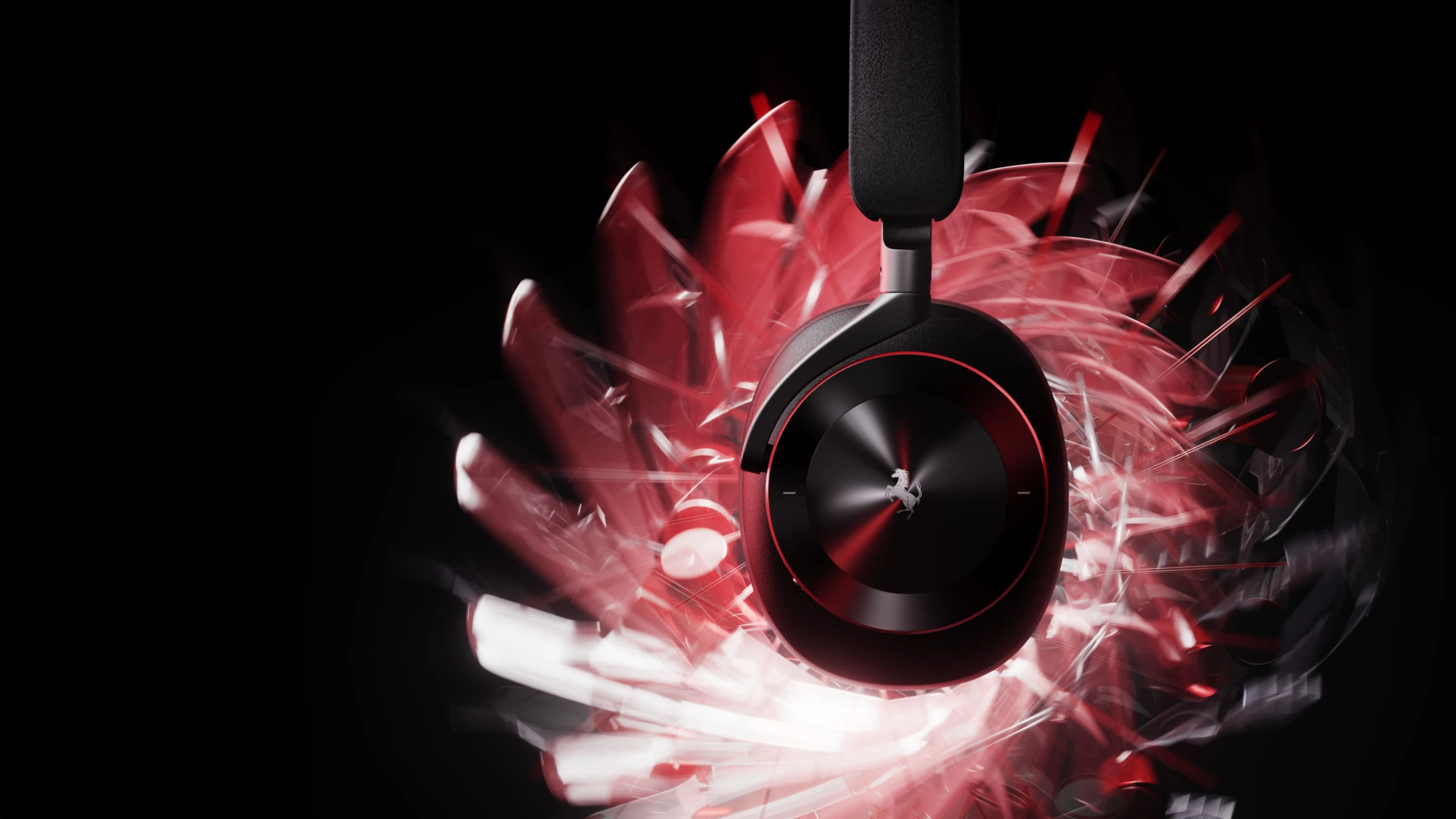 Beoplay H95 Ferrari edition headphone showing on the black background with red sparks around the headphone