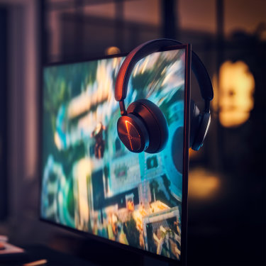 Los auriculares Beoplay Portal colgados sobre una pantalla de ordenador durante un juego