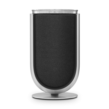 Product image of the Beolab 8 speaker in Silver with a silver table stand and a Grey fabric cover