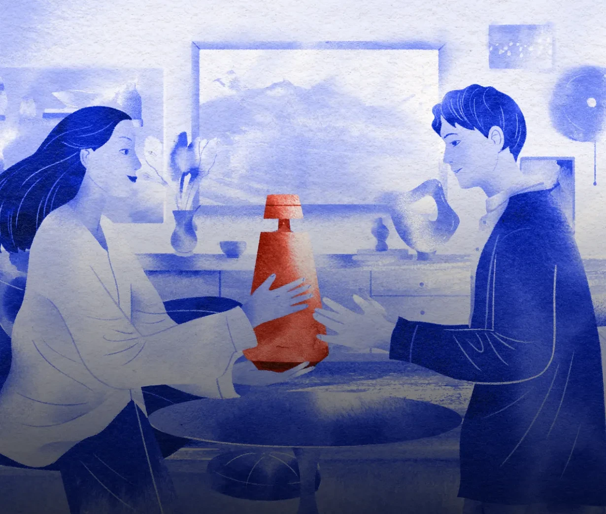 A couple holding Reloved Beosoud 2. The image is painted in blue watercolor with red details.
