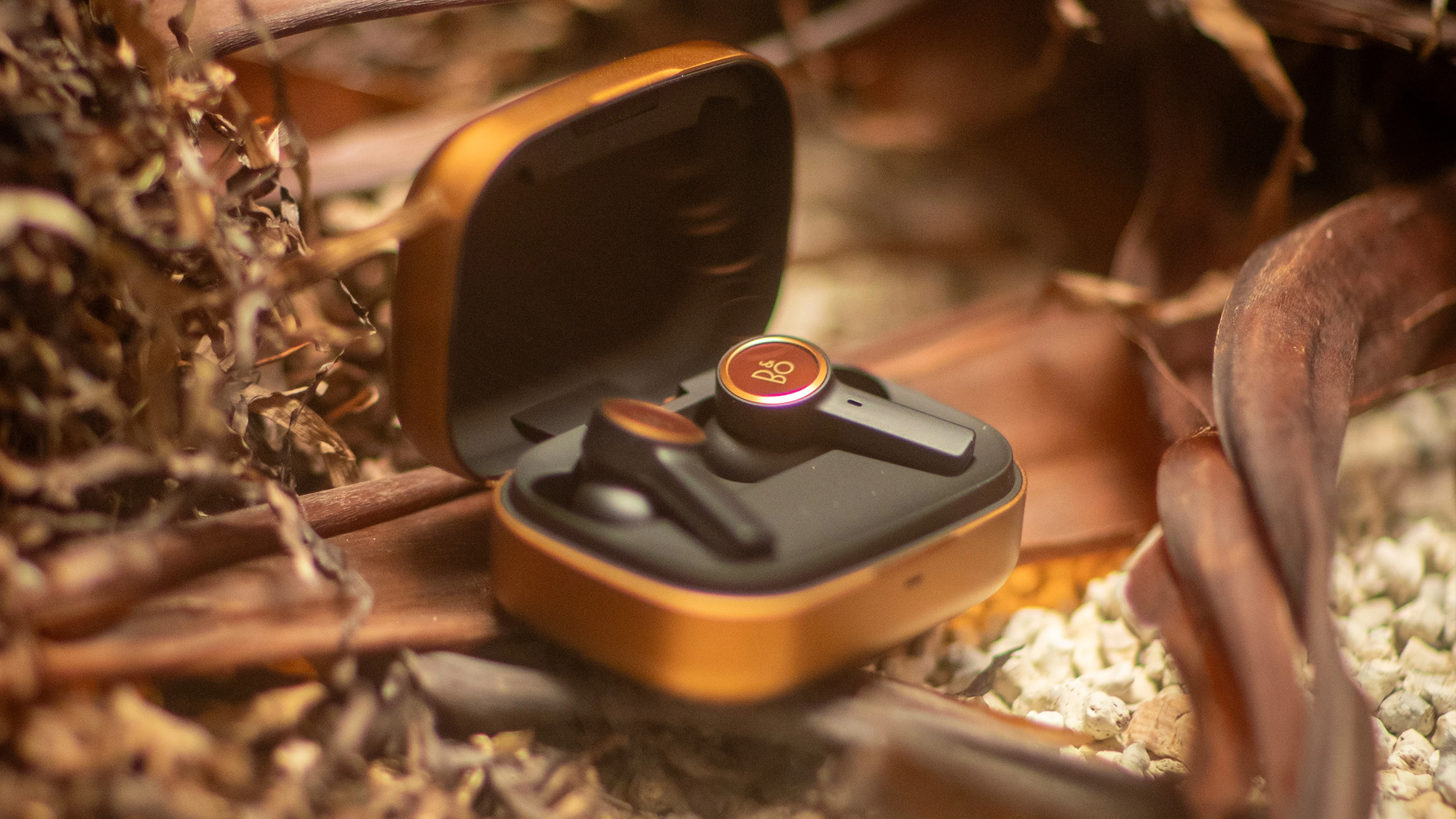 A copper pair of Beoplay Ex earbuds in a seaweed display